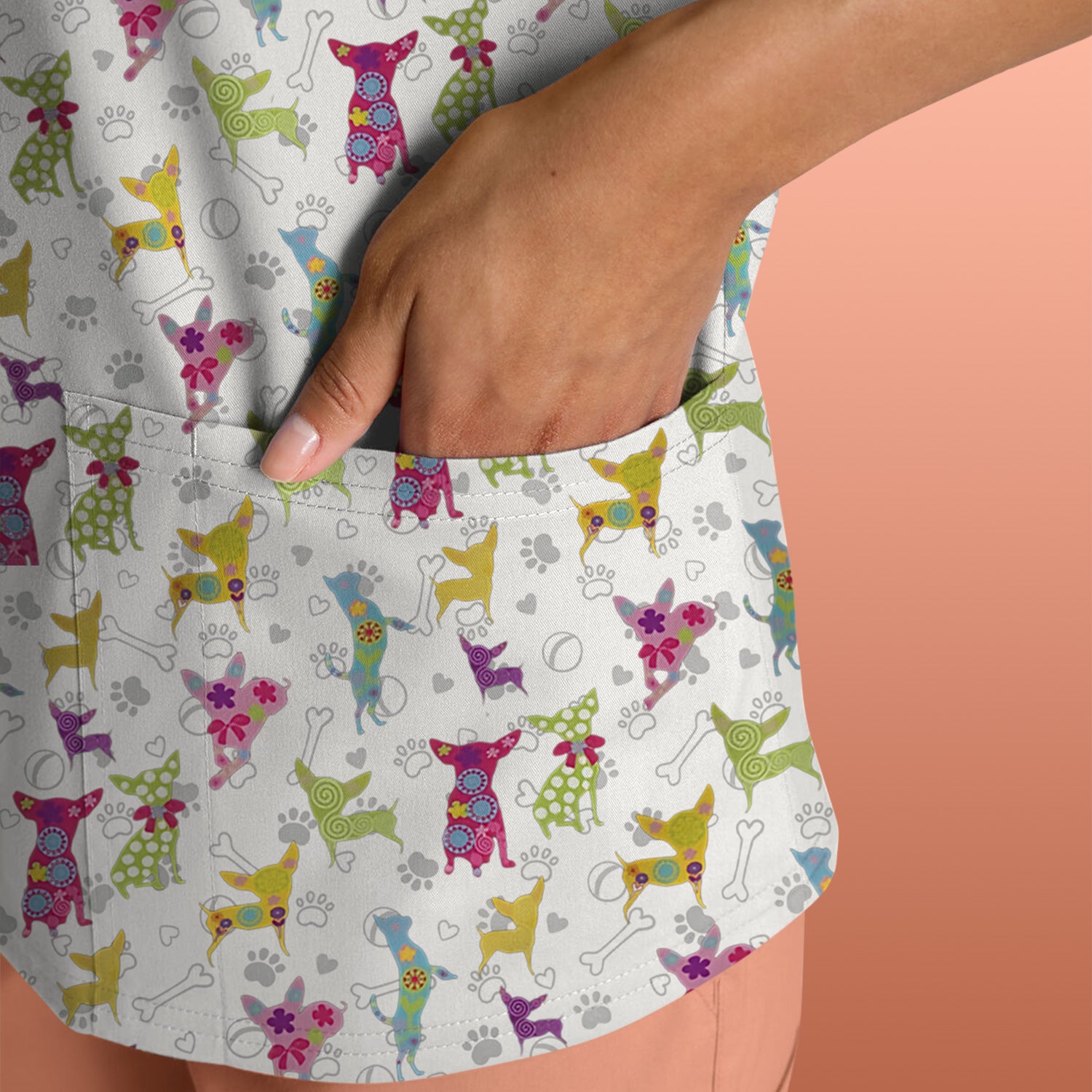 Colorful Playful Dog Print Nurse Scrub Top, Comfortable Scrubs for Nurses