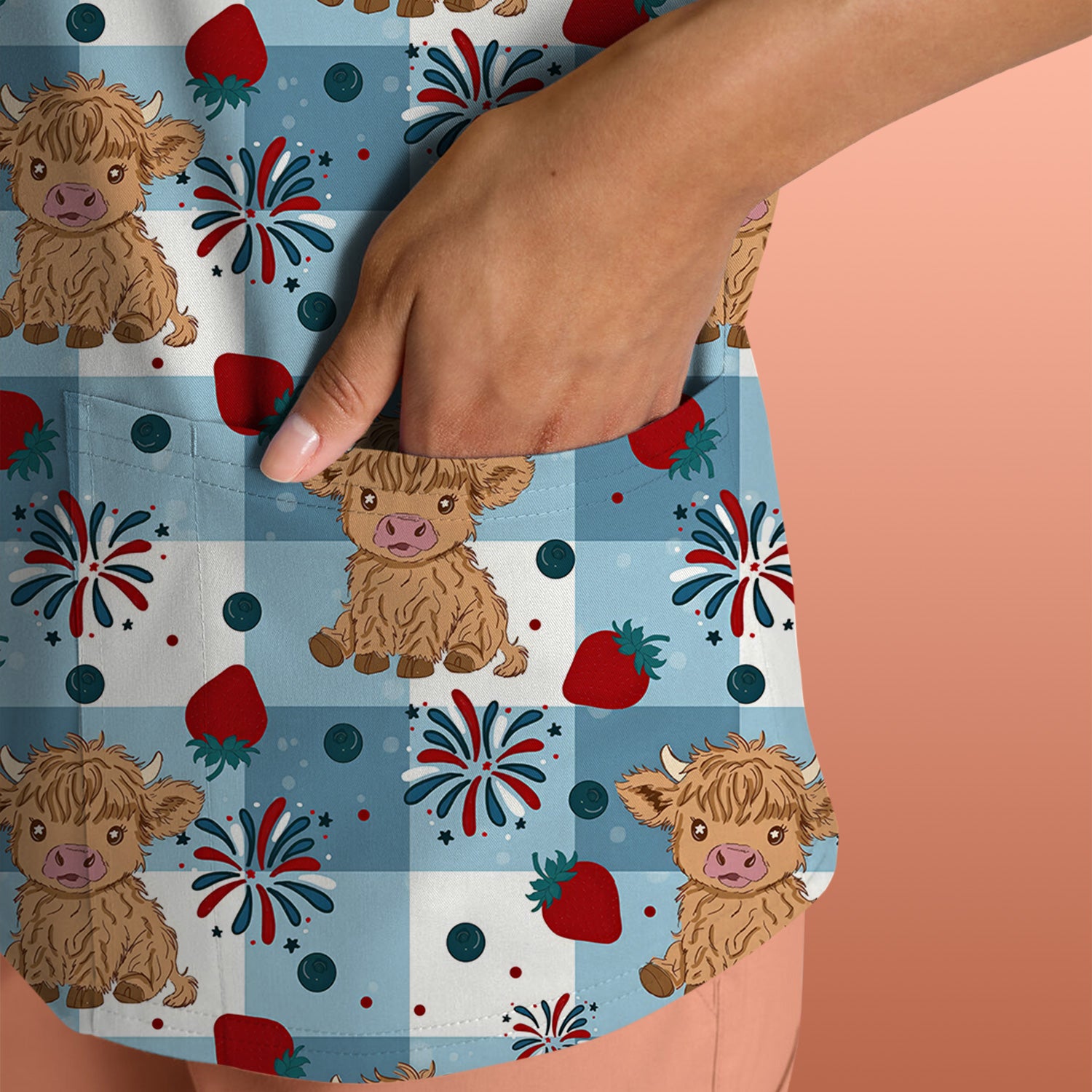 Highland Cow Strawberry Firework Gingham Pattern Scrub Top, Comfortable Scrubs for Nurses