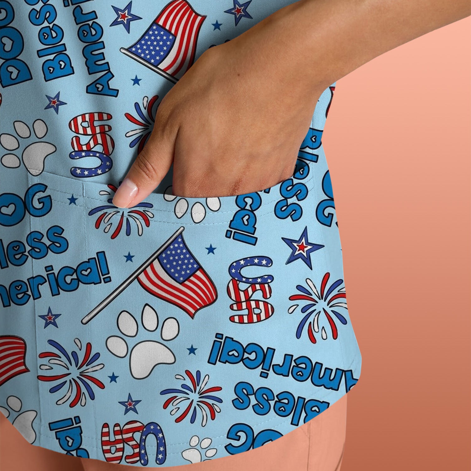 Funny Patriotic Dog Bless America Flag Pattern Scrub Top, Comfortable Scrubs for Nurses