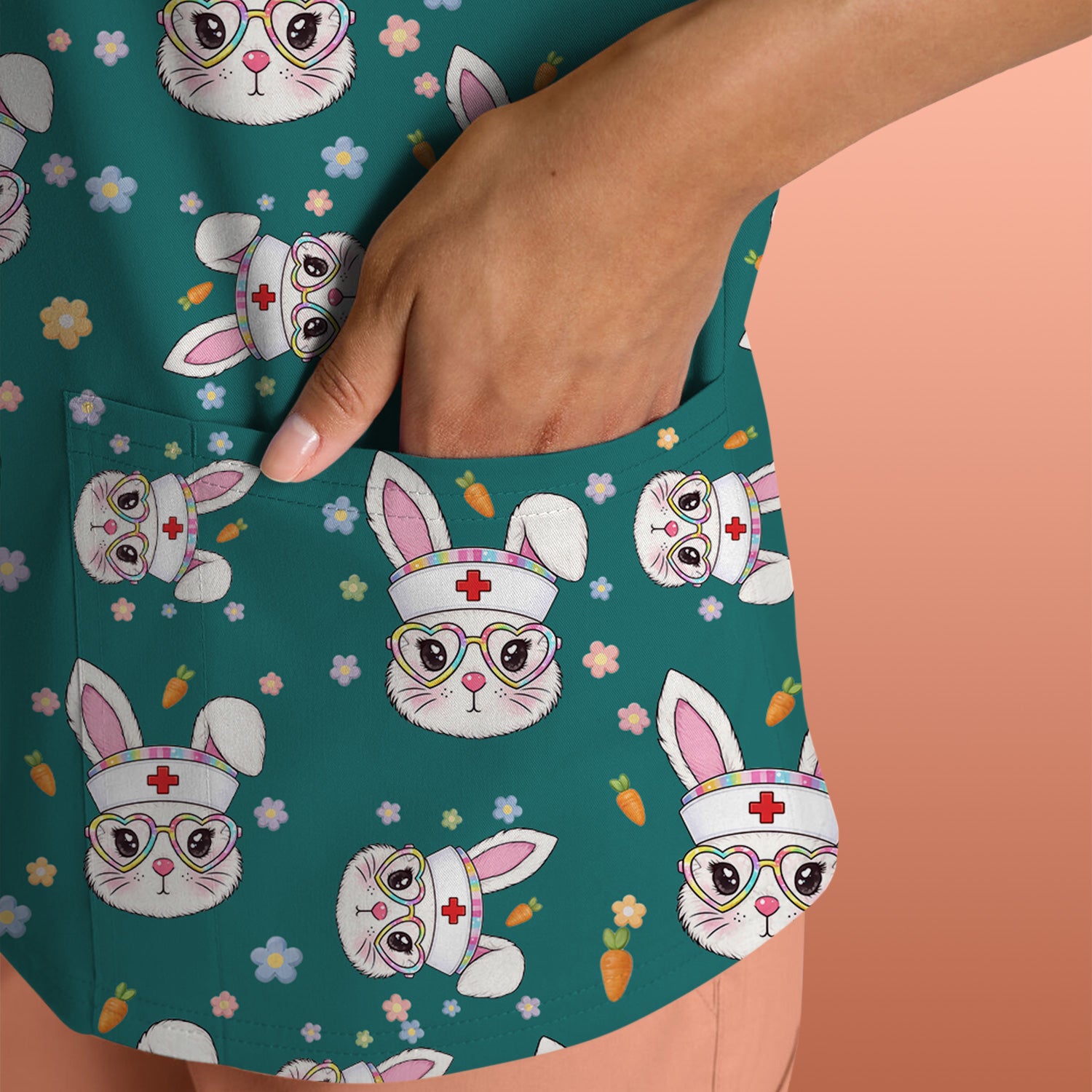Cute Easter Bunny Nurse Pattern Scrub Top, Breathable Fabrics Nursing Uniform