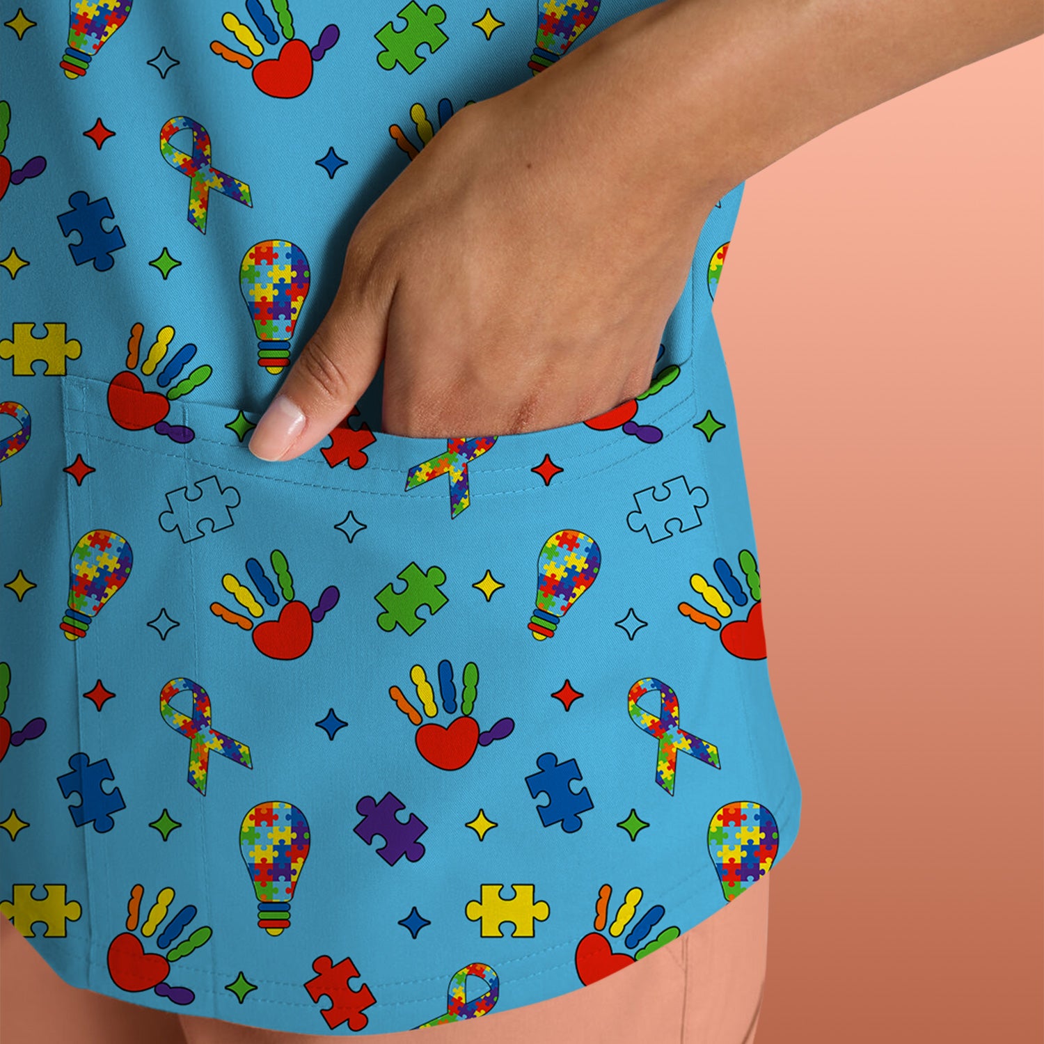 Autism Awareness Colorful Puzzle Pattern Scrub Top, Comfortable Scrubs for Nurses