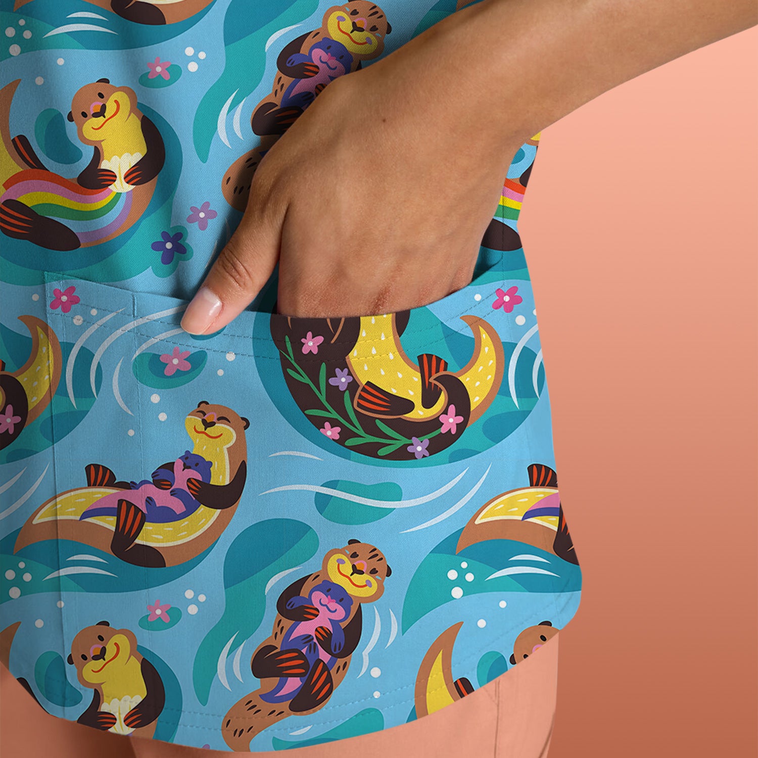 Otter Floating River Rainbow Pattern Scrub Top, Comfortable Scrubs for Nurses