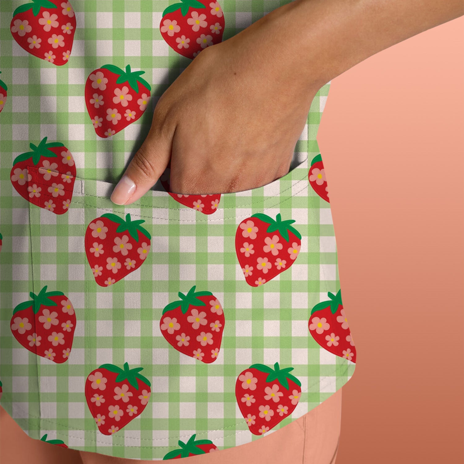 Sweet Strawberry Gingham Print Scrub Top, Comfortable Scrubs for Nurses