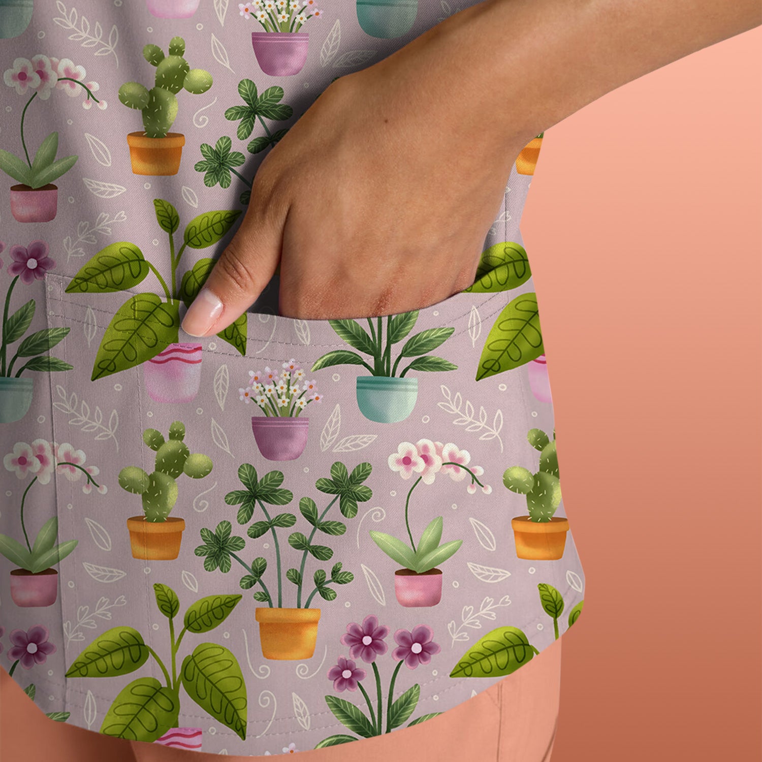 Potted Plant Orchid Cactus Pattern Scrub Top, Comfortable Scrubs for Nurses