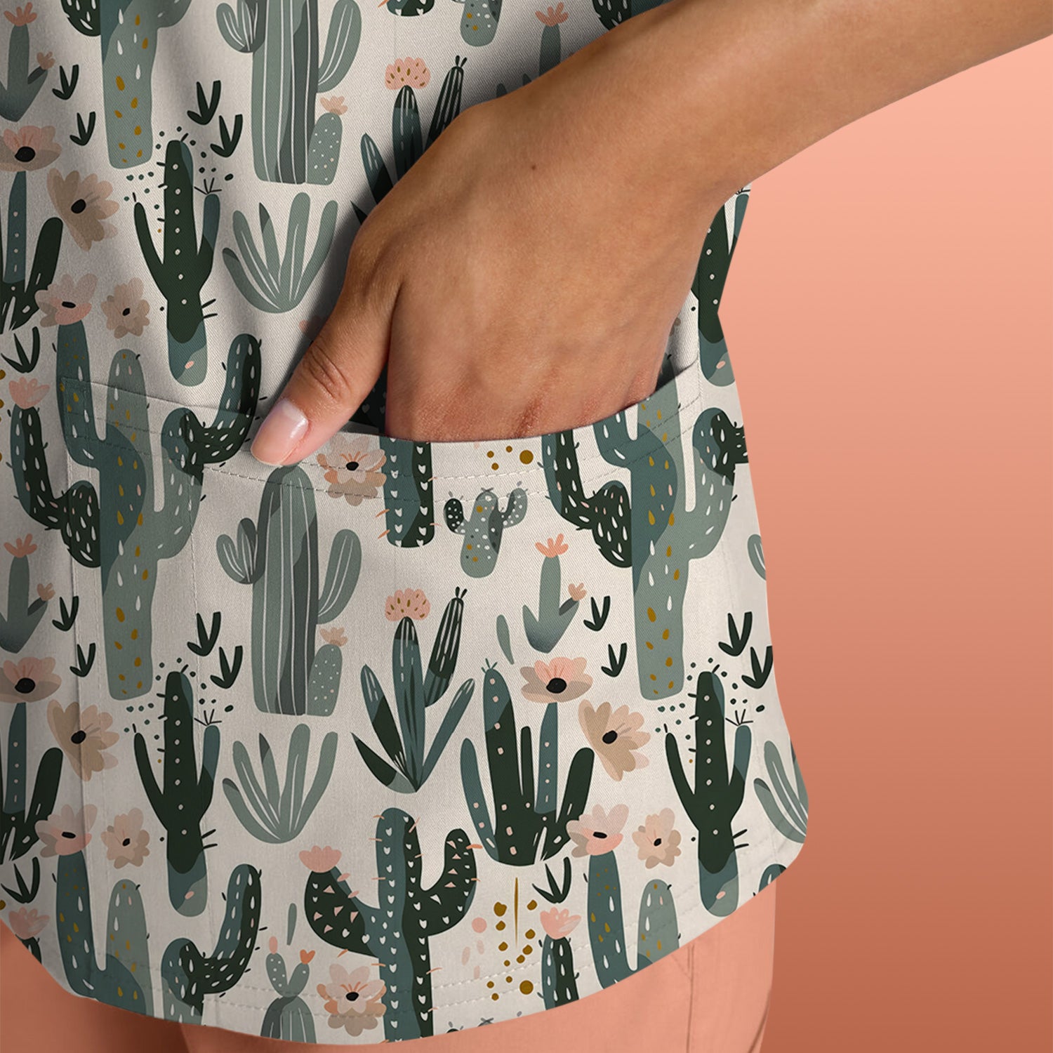 Green Cactus Desert Blossom Pattern Scrub Top, Comfortable Scrubs for Nurses
