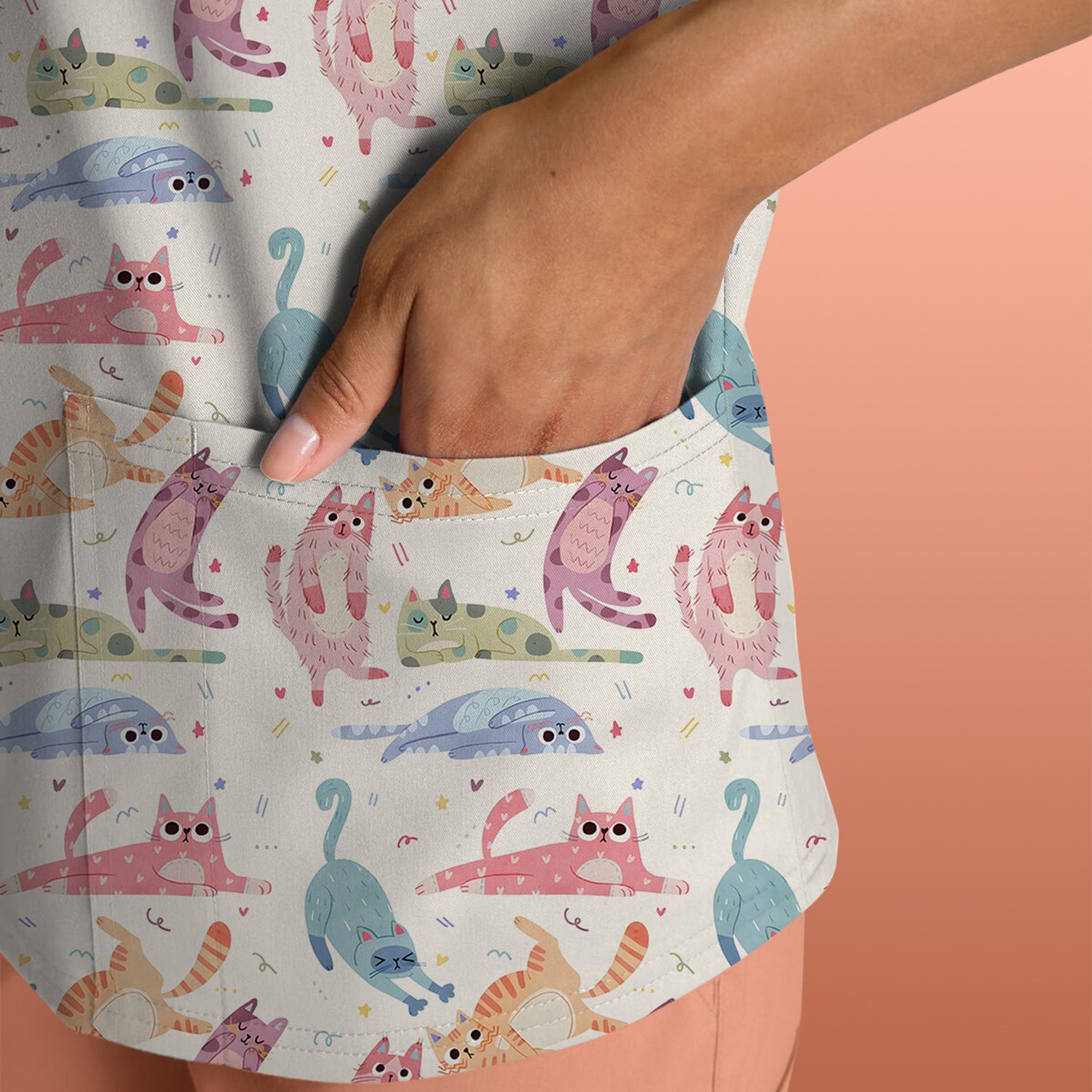 Funny Pastel Cat Pattern Medical Scrub Top, Breathable Fabrics Nursing Uniform
