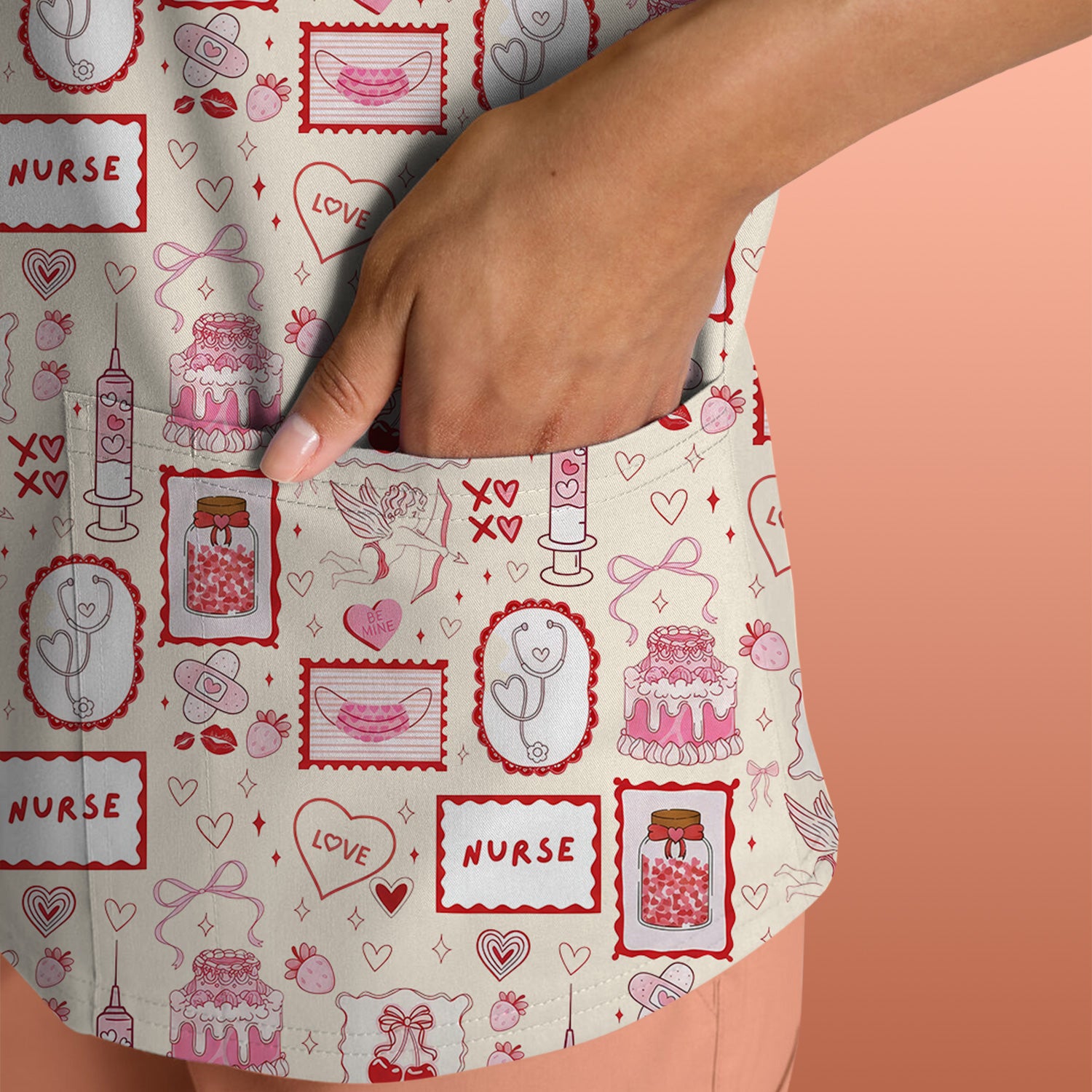 Nurse Icons Hearts Syringes Valentine Scrub Top, Breathable Nursing Uniform