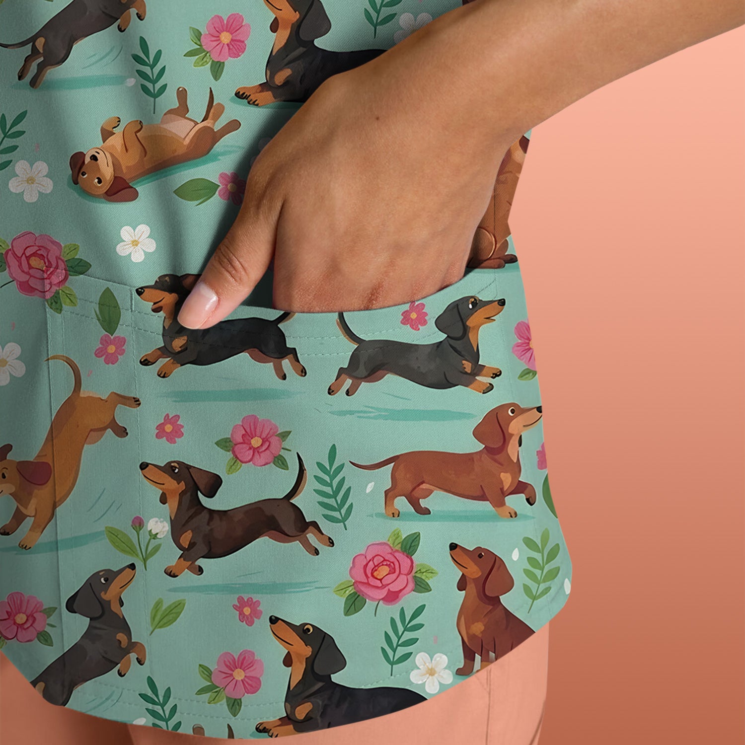 Cute Floral Dachshund Puppy Pattern Scrub Top, Comfortable Scrubs for Nurses