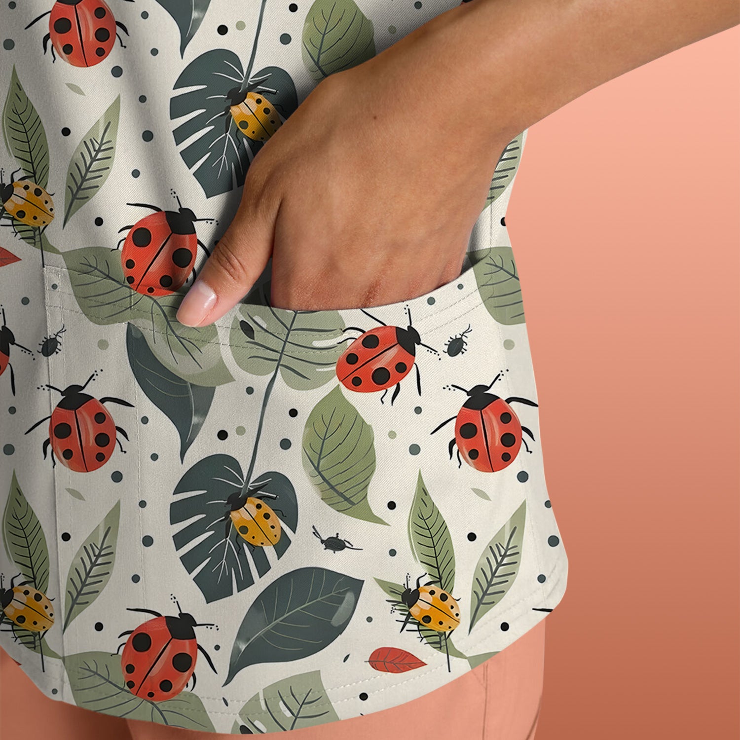 Cute Ladybug Leaf Nature Pattern Scrub Top, Comfortable Scrubs for Nurses