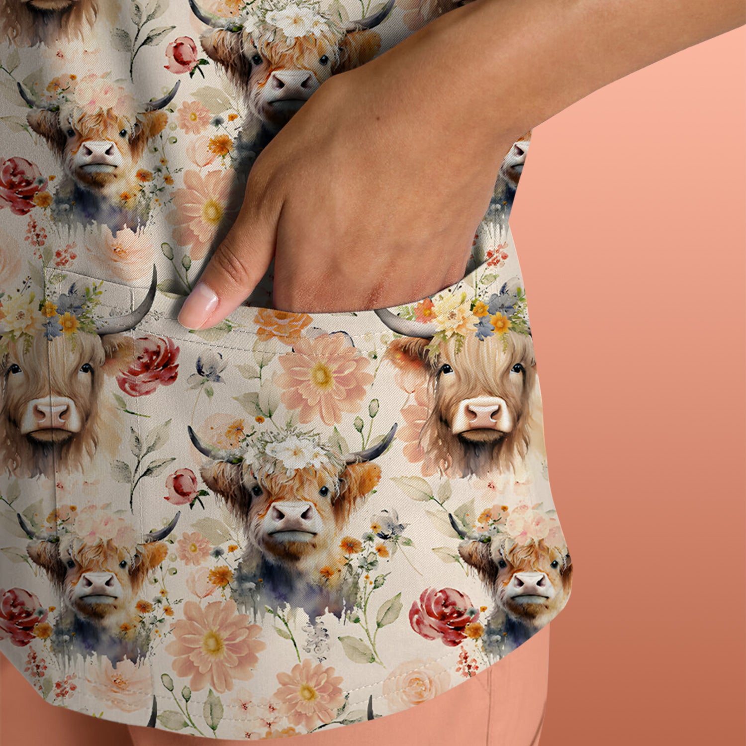 Cute Highland Cow Floral Pattern Scrub Top, Comfortable Scrubs for Nurses
