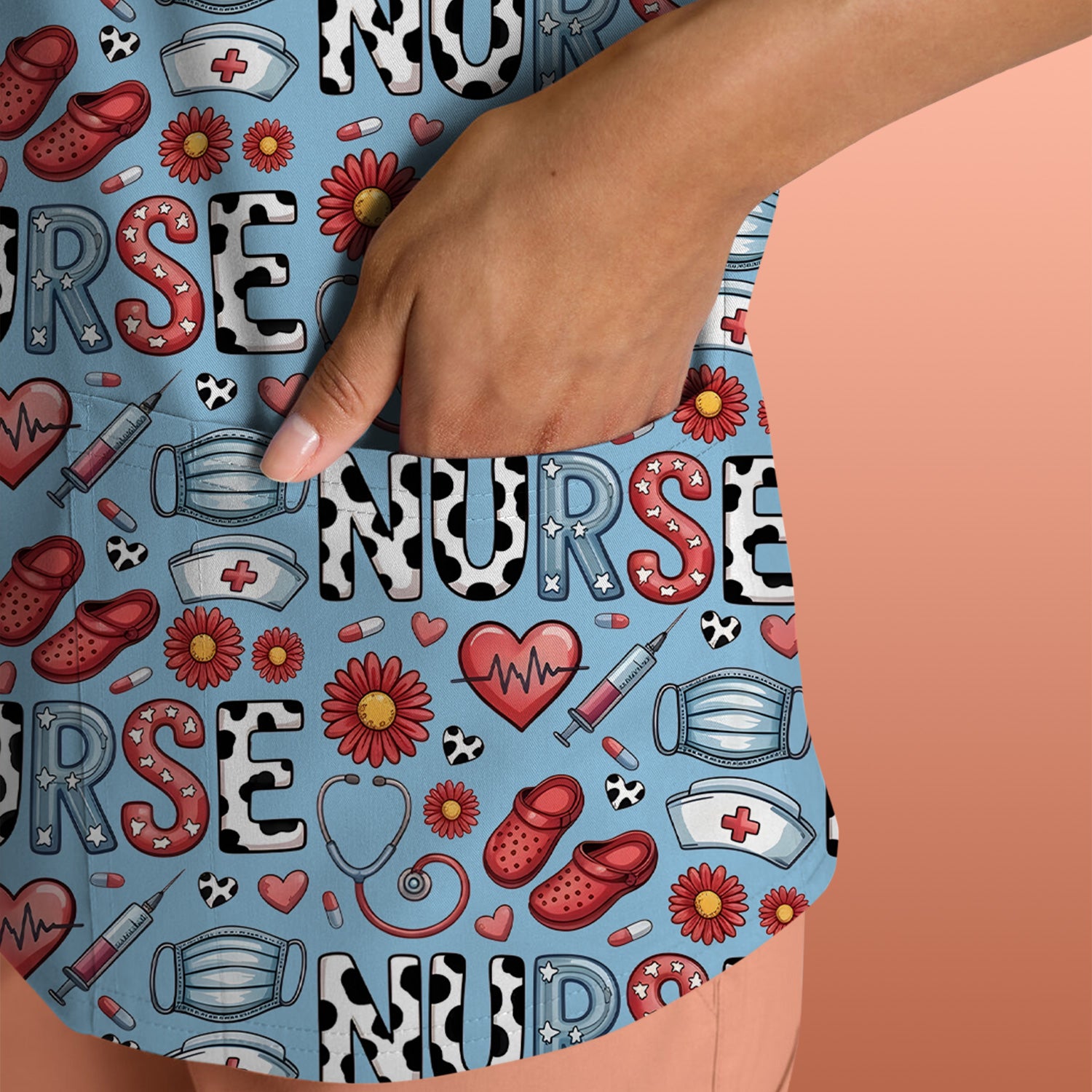 Cute Nurse Medical Icon Pattern Scrub Top, Comfortable Scrubs for Nurses