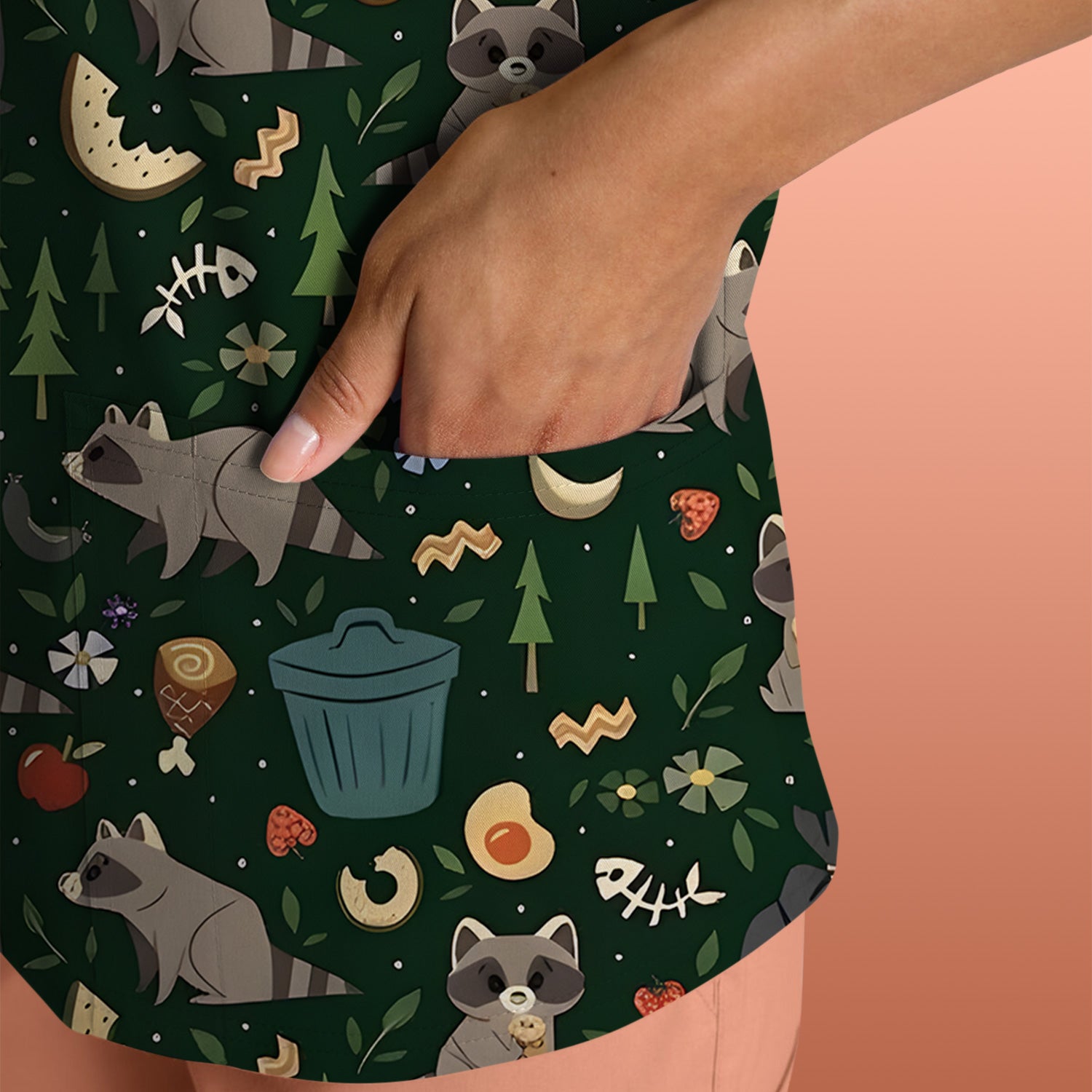 Cute Raccoon Forest Food Pattern Scrub Top, Breathable Fabrics Nursing Uniform