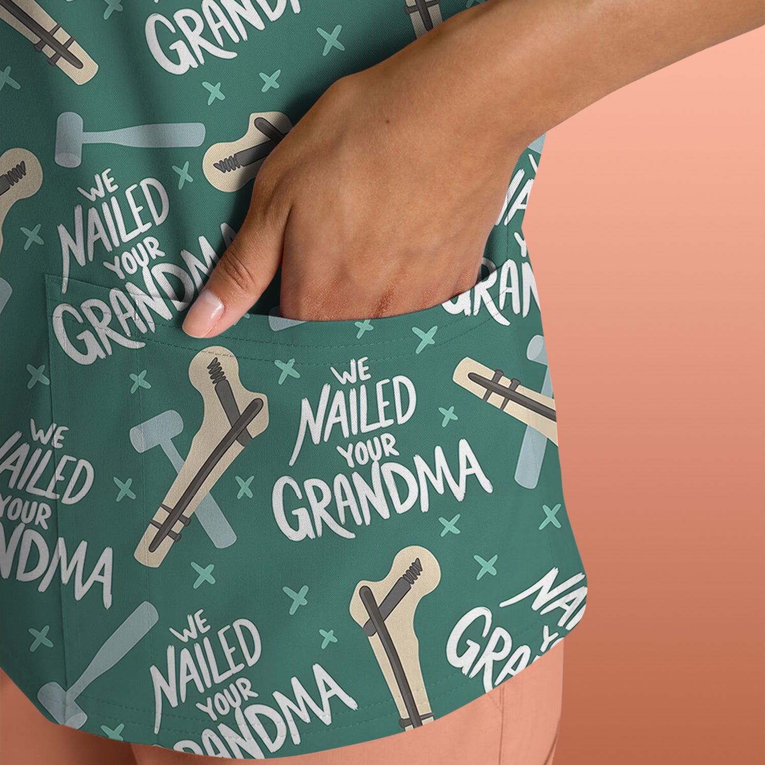 Funny Orthopedic Bone Hammer We Nailed Your Grandma Pattern Scrub Top, Comfortable Scrubs for Nurses