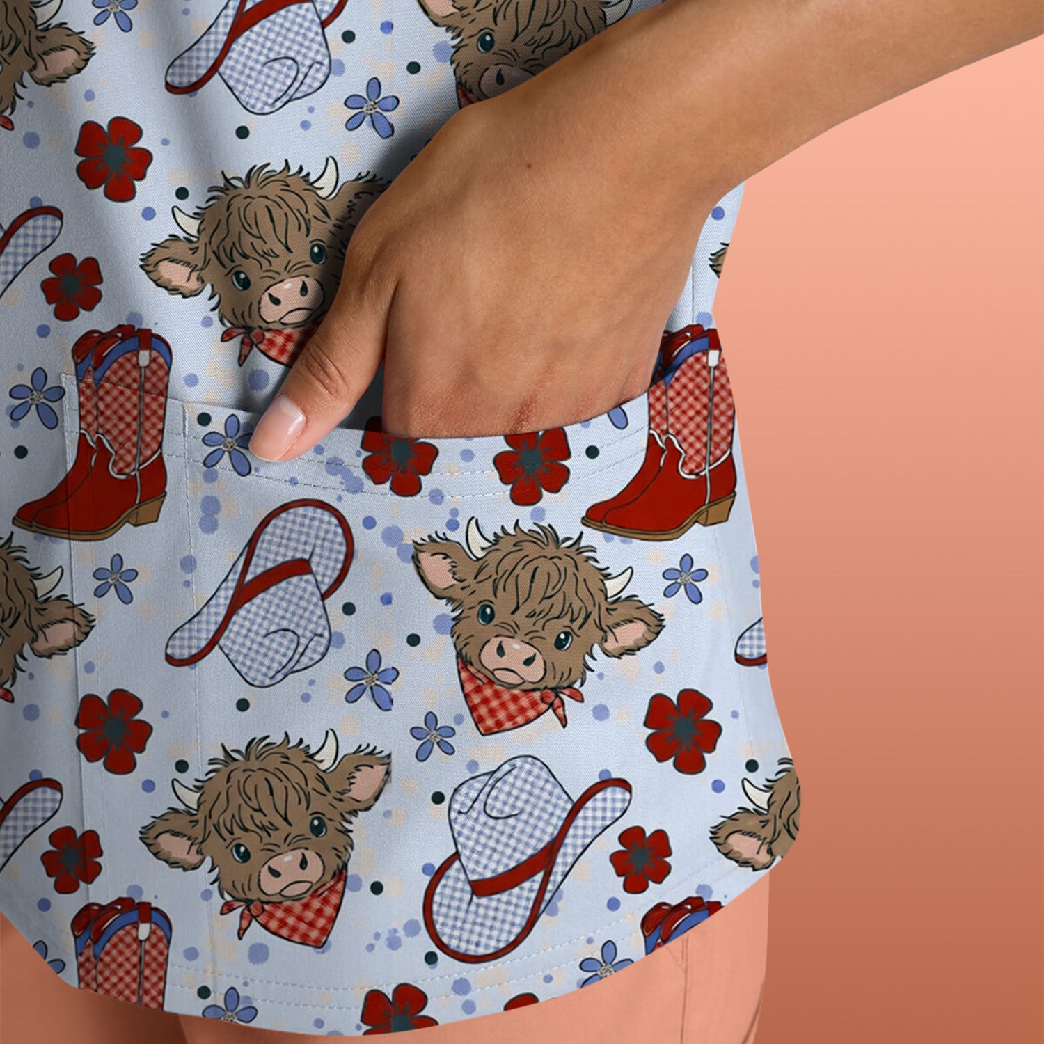 Cute Highland Cow Cowboy Boots Pattern Scrub Top, Comfortable Scrubs for Nurses