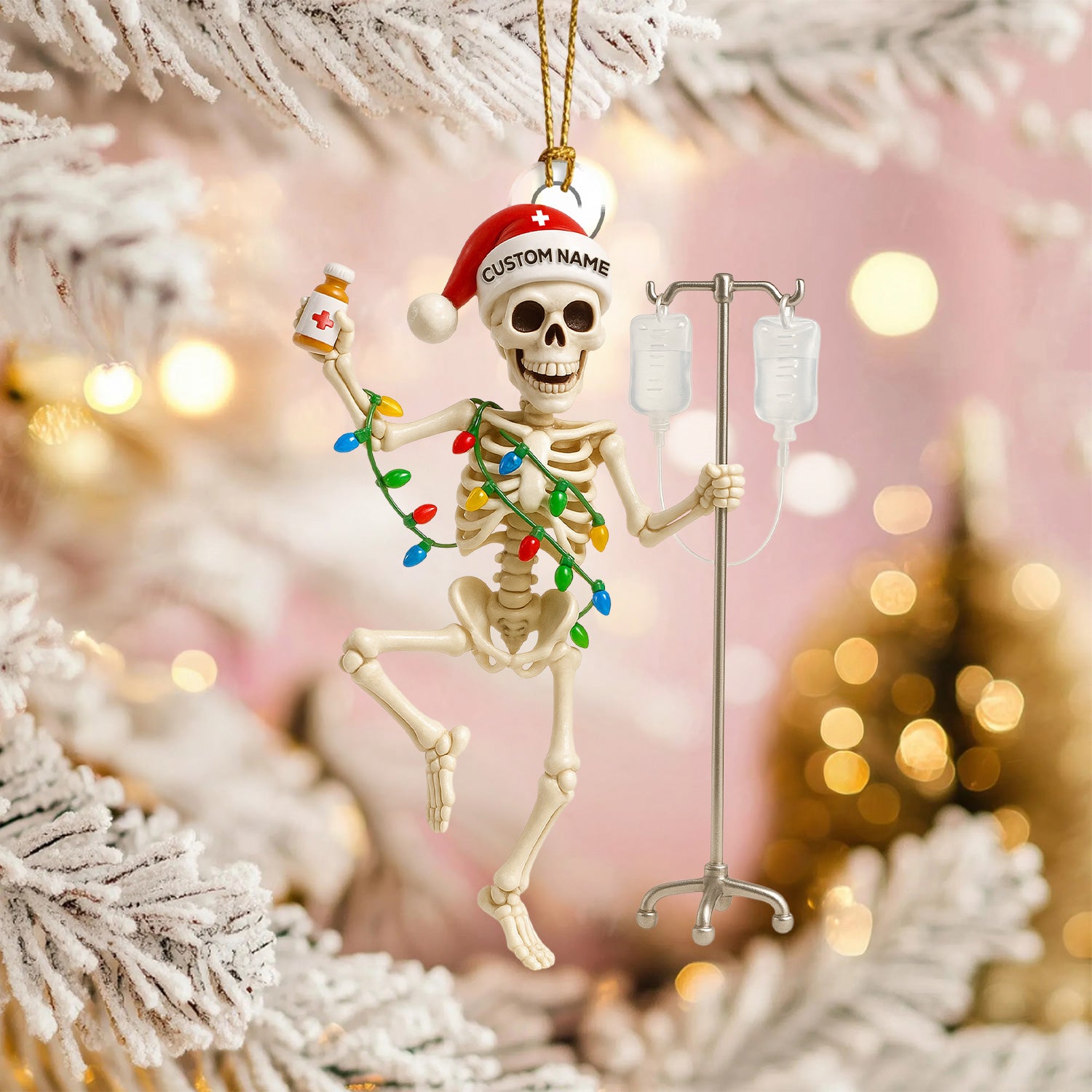 Personalized Skeleton Nurse Christmas Ornament – Funny Medical IV Pole Holiday Decor – Custom Name Dancing Skeleton Tree Ornament for Nurses & Healthcare Workers