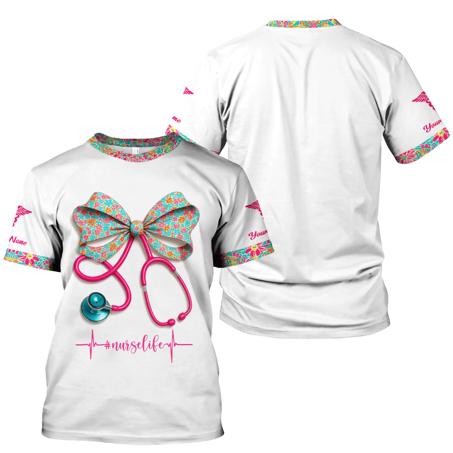 Custom Name Floral Bow Nurse Life Shirt - Cute Stethoscope Design with Heartbeat Graphic - Gift for RN LPN CNA Medical Staff