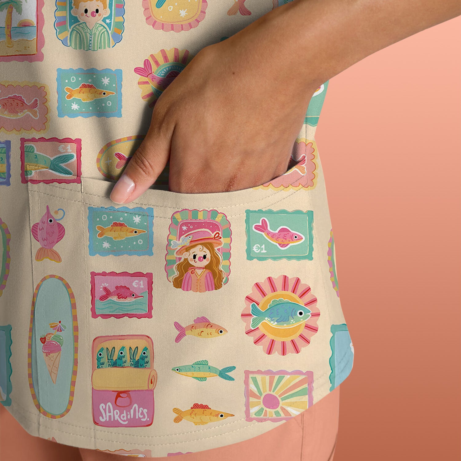 Coastal Vintage Postage Stamp Pattern Scrub Top, Comfortable Scrubs for Nurses