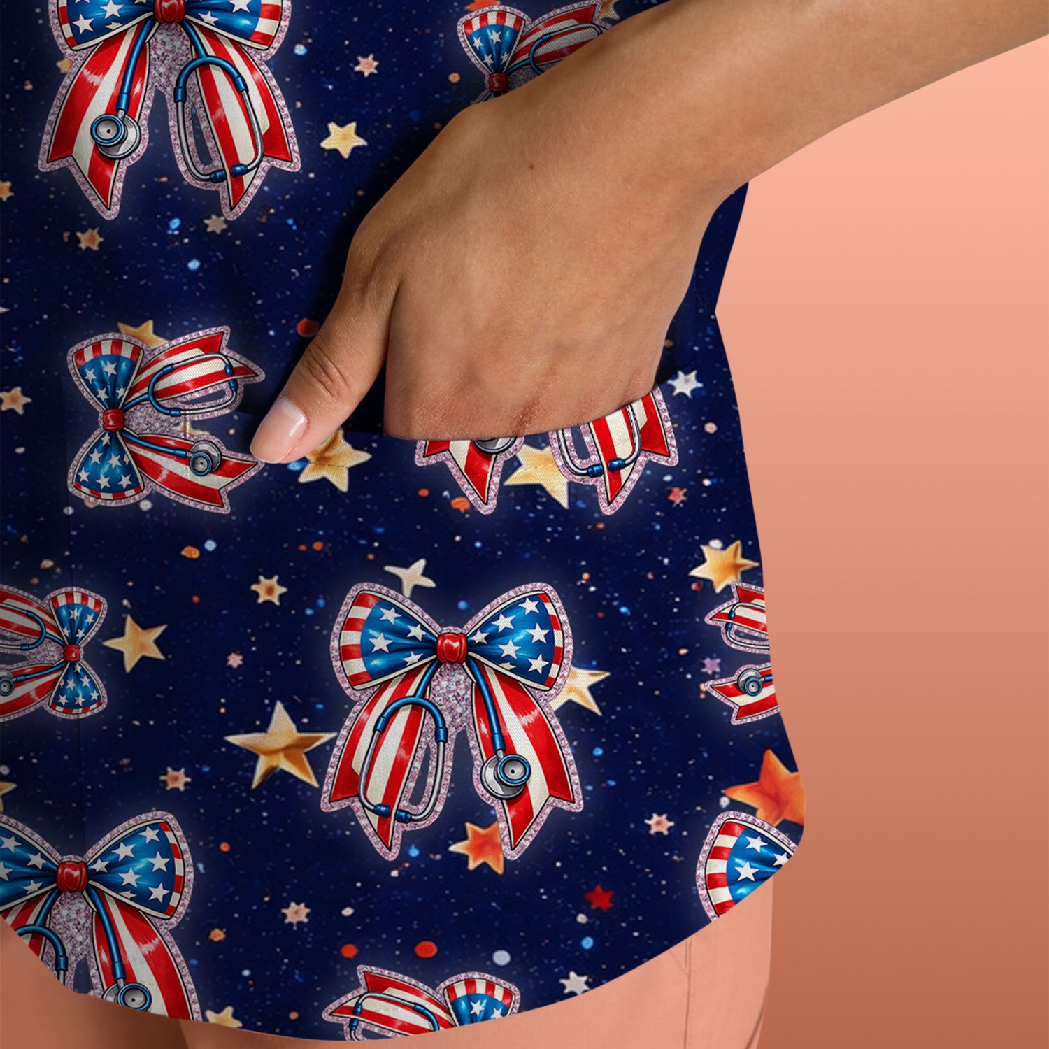 Patriotic Bow Star Print Nurse Scrub Top, Breathable Fabrics Nursing Uniform