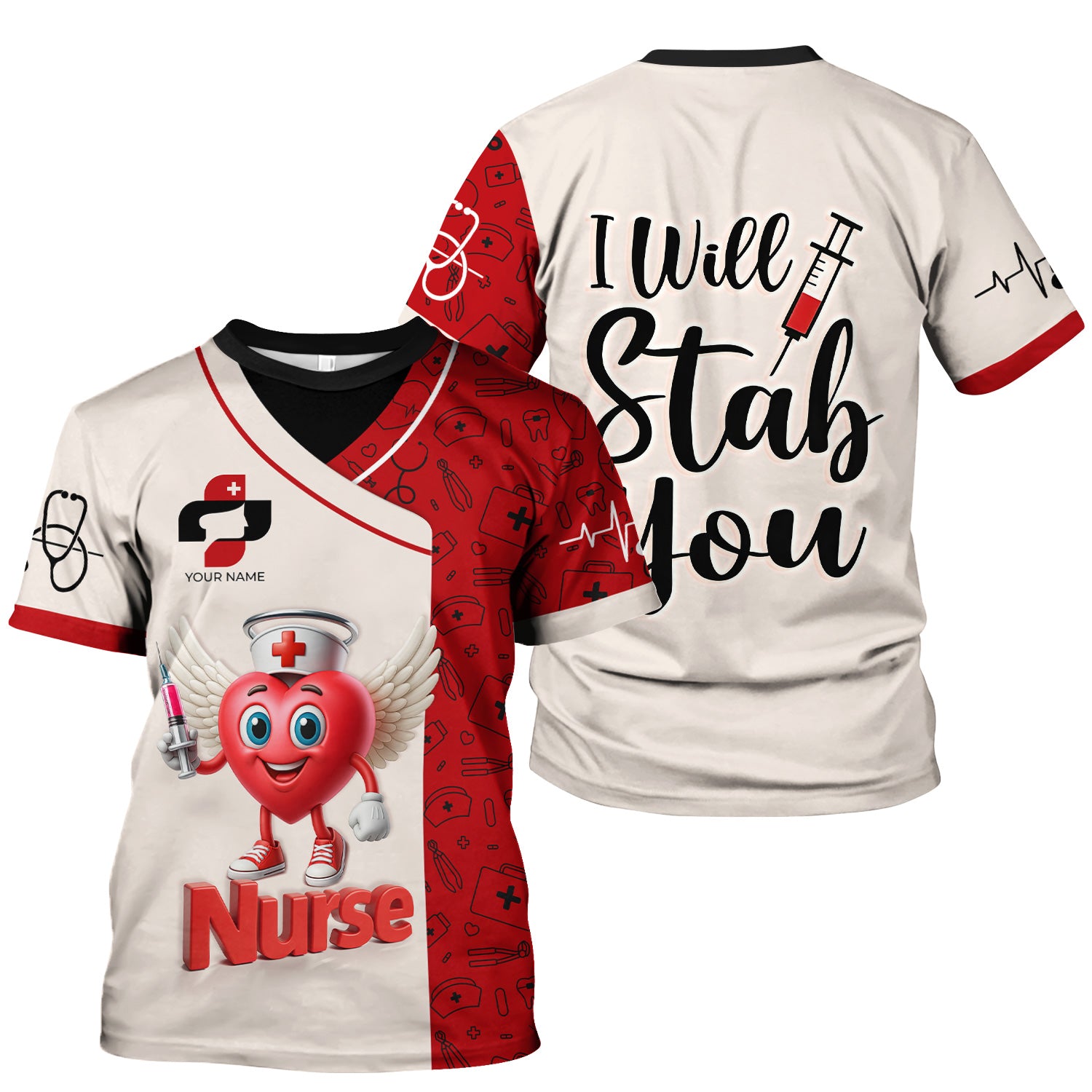 Custom Funny Nurse Shirt - Cartoon Heart with Syringe & Angel Wings - I Will Stab You Quote Gift for RN LPN CNA Medical Workers