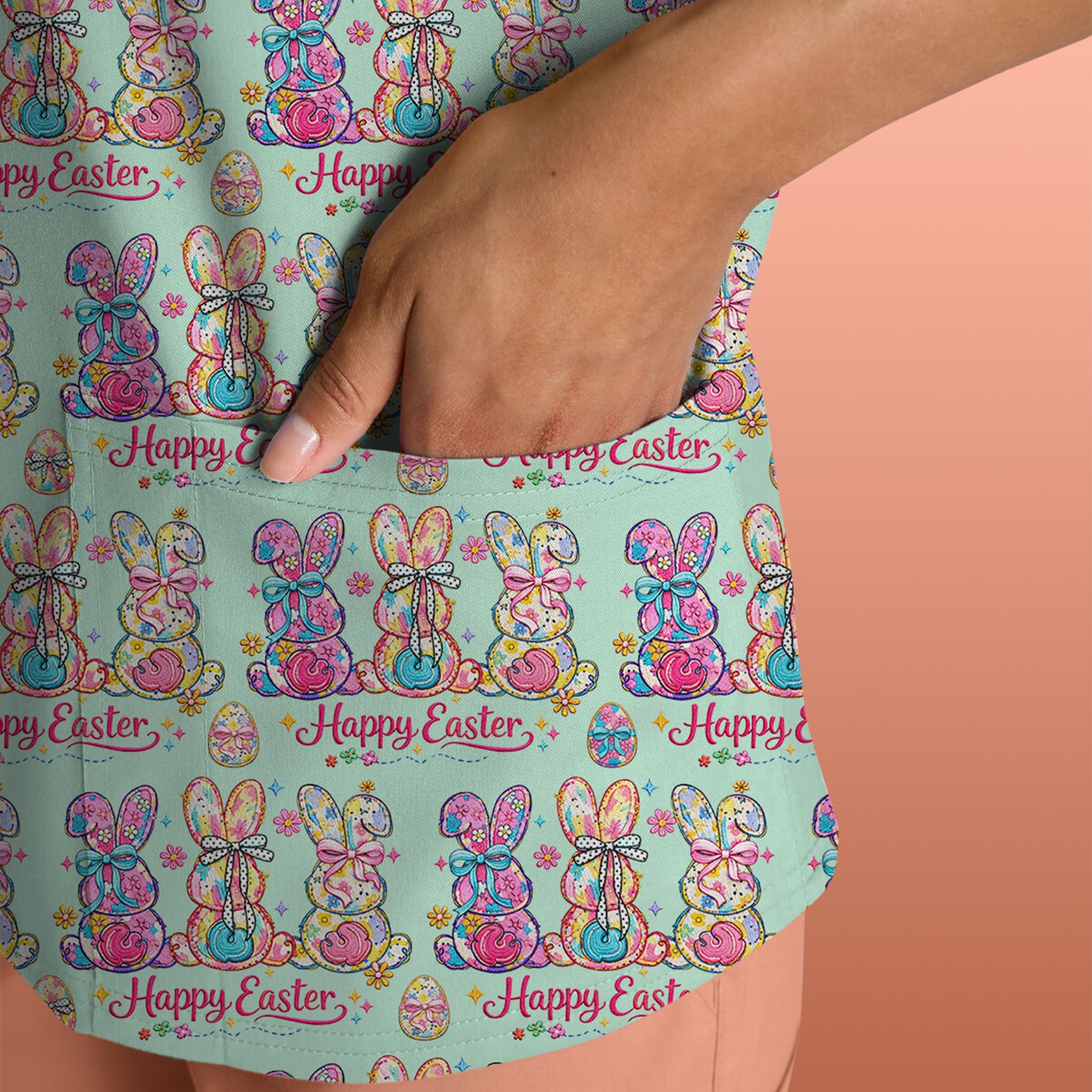 Pink Happy Easter Bunny Pattern Scrub Top, Comfortable Scrubs for Nurses
