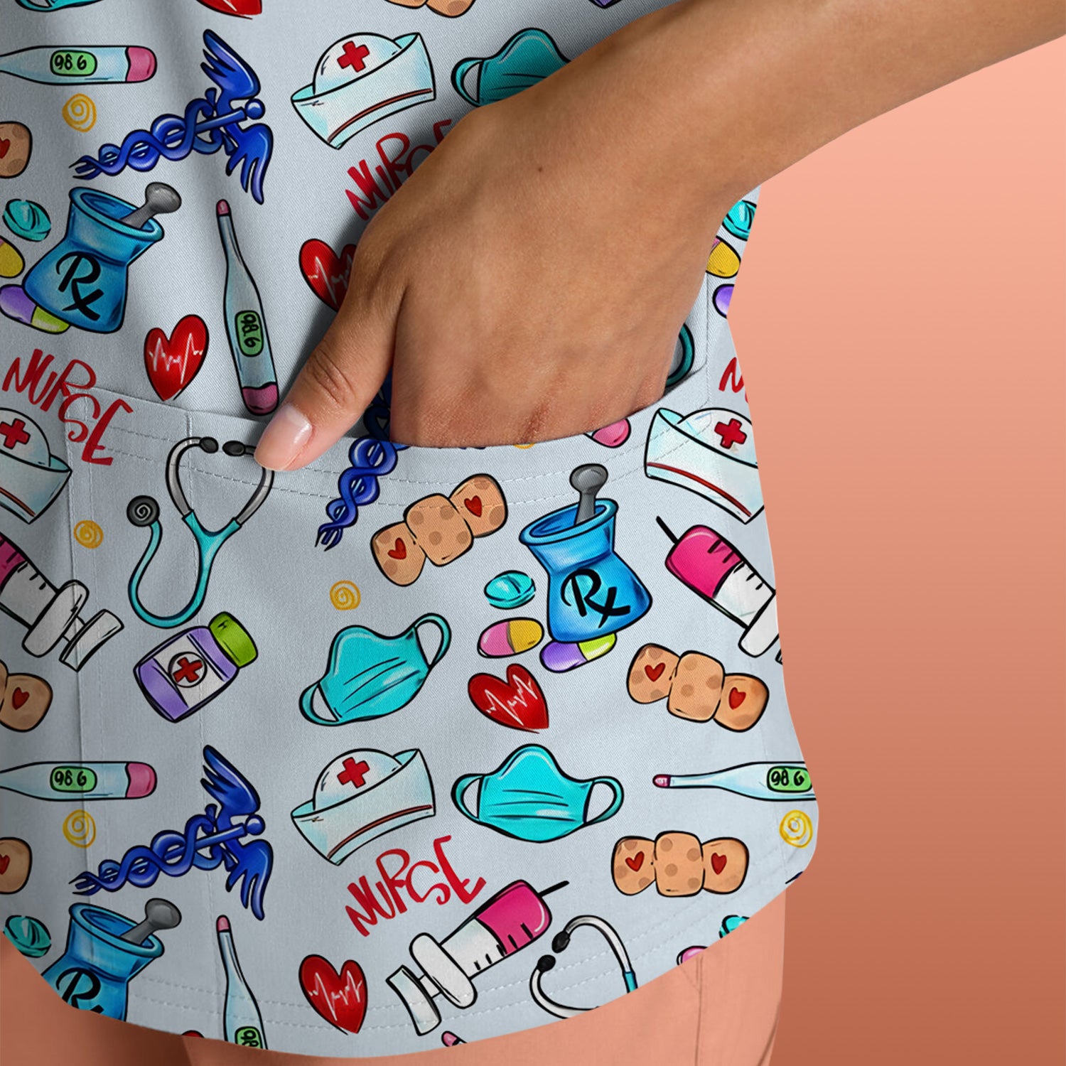 Nurse Medical Icons Stethoscope Heart Pattern Scrub Top, Comfortable Scrubs for Nurses