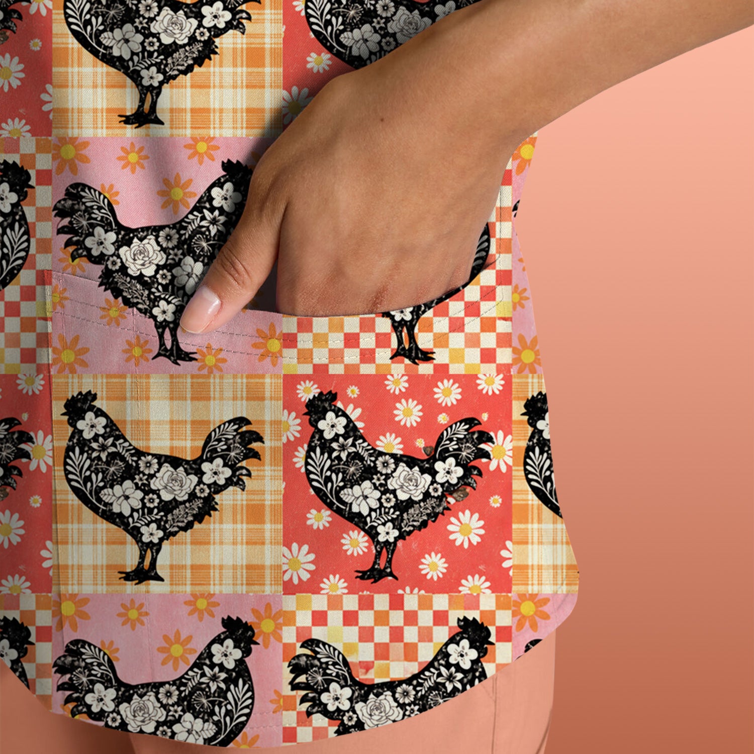 Cute Floral Chicken Patchwork Print Scrub Top, Comfortable Scrubs For Nurses