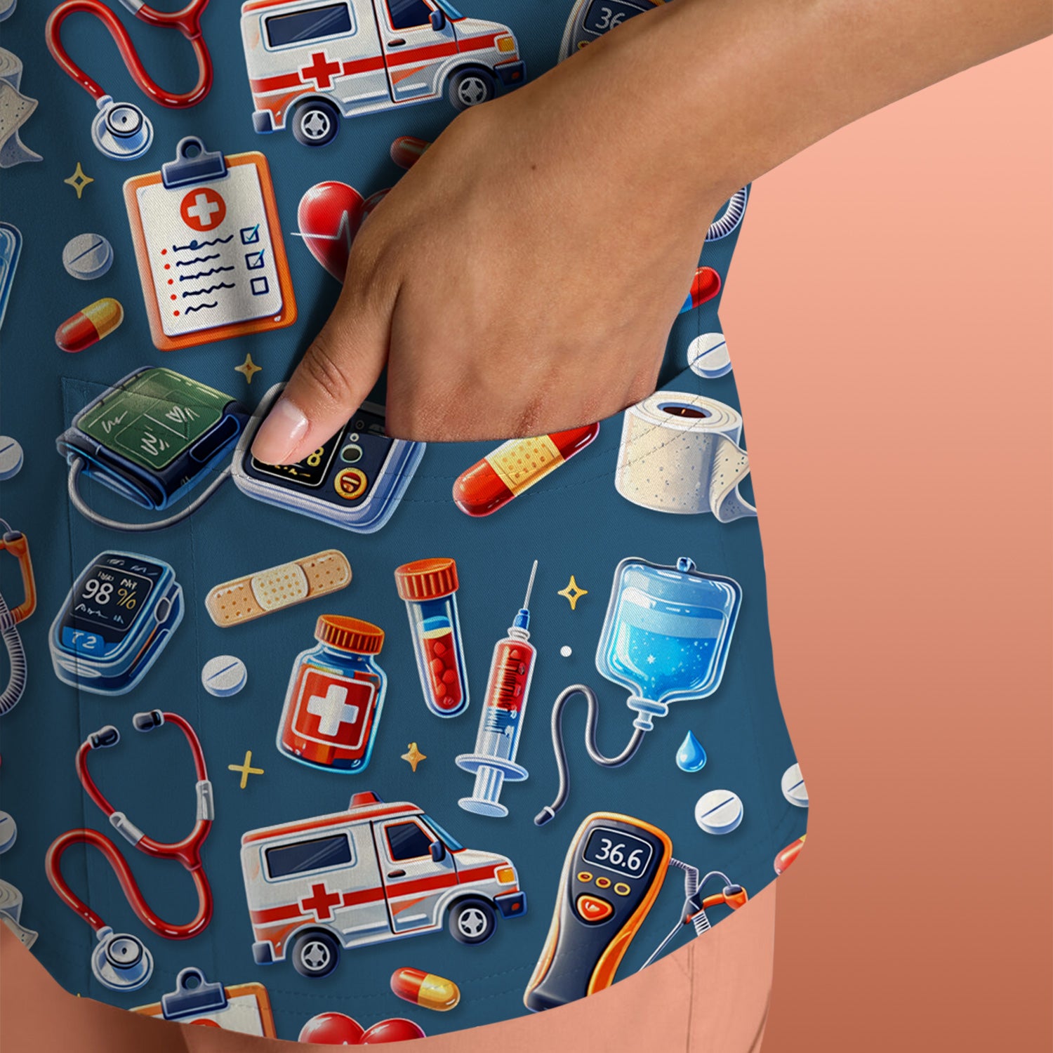 Medical Tools Pattern Ambulance Stethoscope Scrub Top, Comfortable Scrubs for Nurses