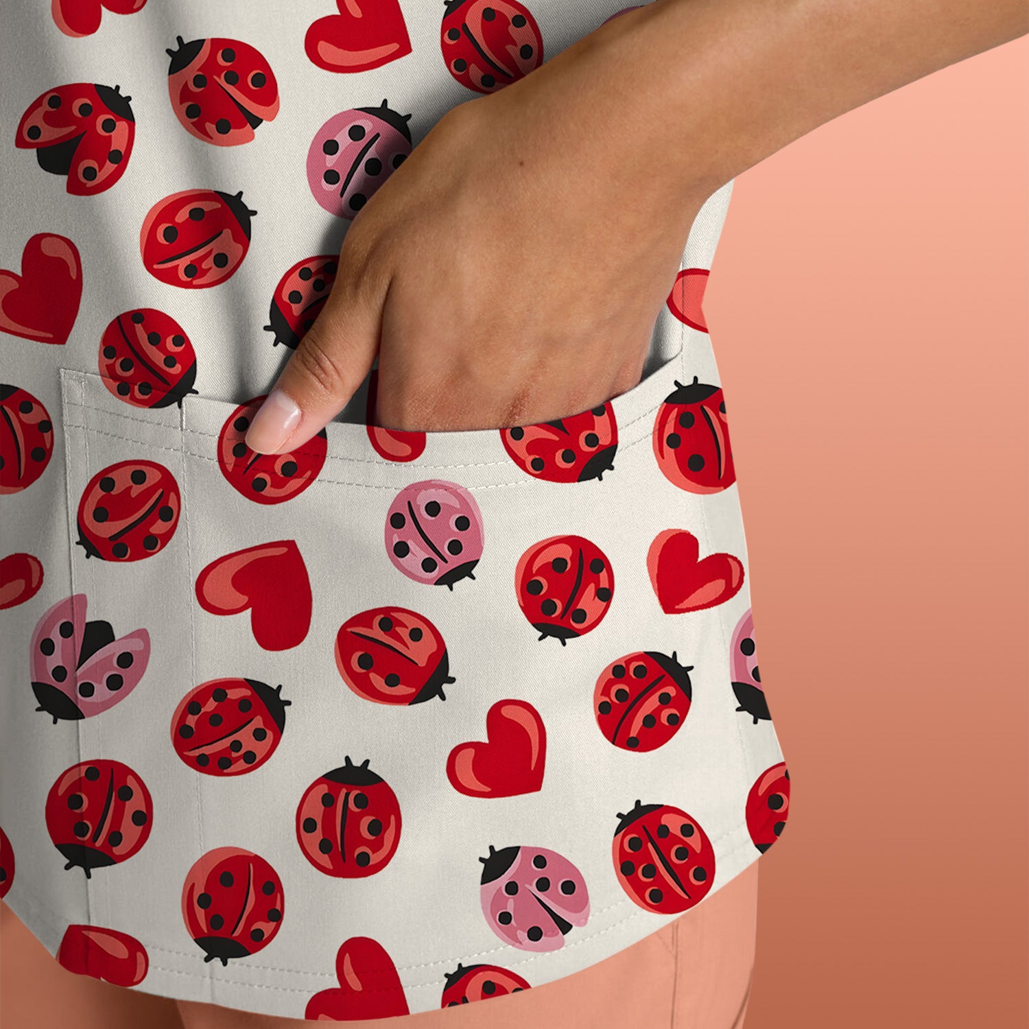 Cute Ladybug and Red Heart All Over Print Scrub Top, Comfortable Scrubs for Nurses
