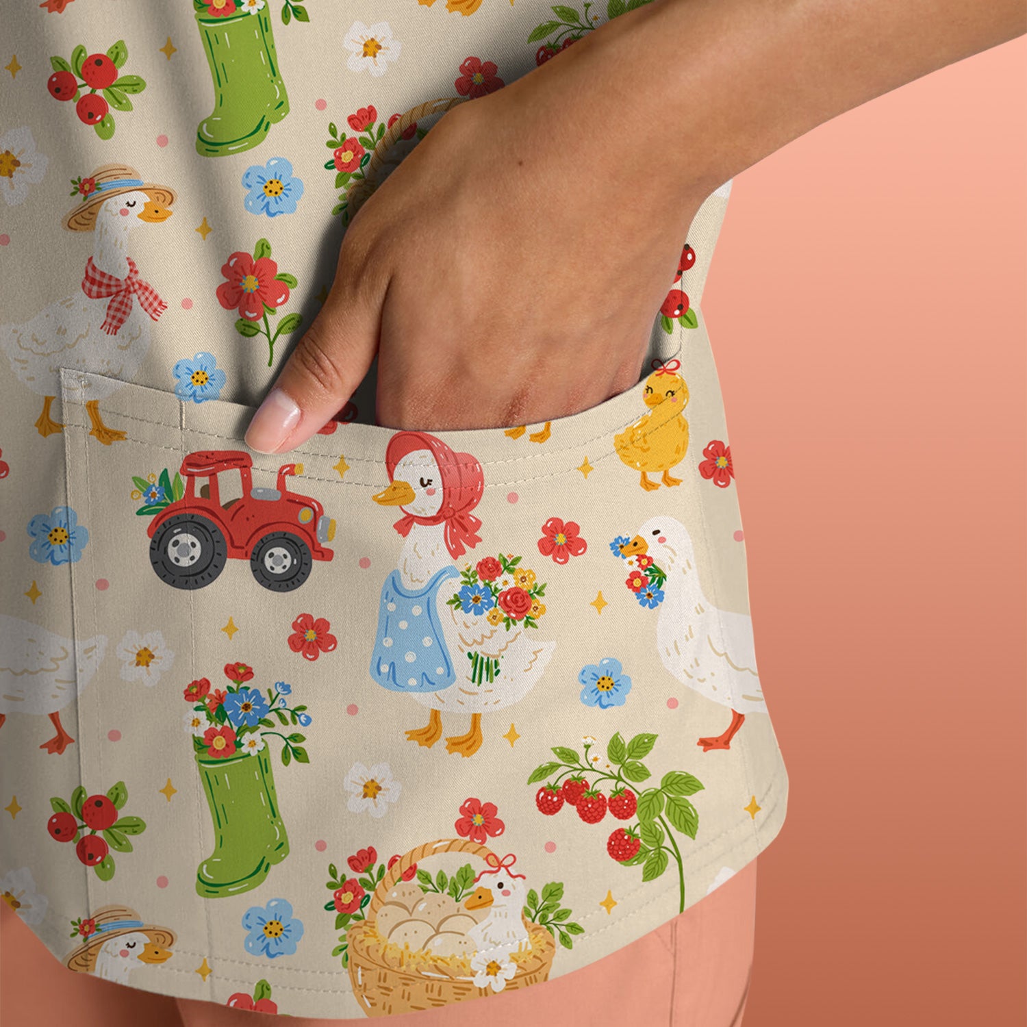 Farm Duck Chicken Tractor Flower Basket Scrub Top, Breathable Fabrics Nursing Uniform