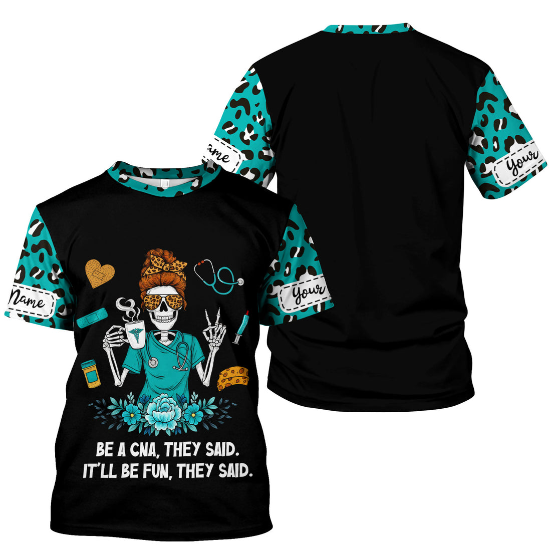 Personalized CNA Skeleton Shirt - Messy Bun Hair & Leopard Print Graphic Tee - Gift for Women CNA & Healthcare Workers