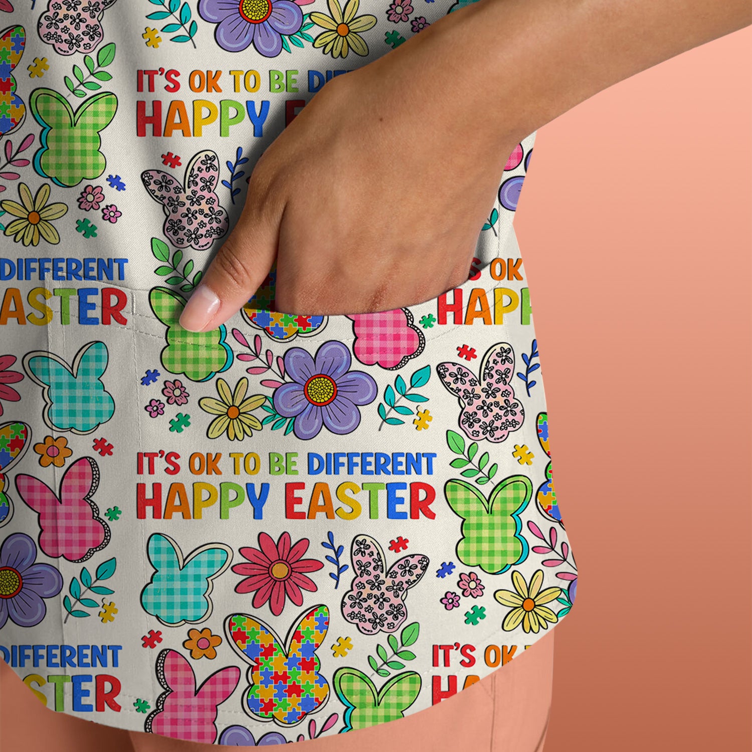 Happy Easter Bunny Floral Print Scrub Top, Breathable Fabrics Nursing Uniform
