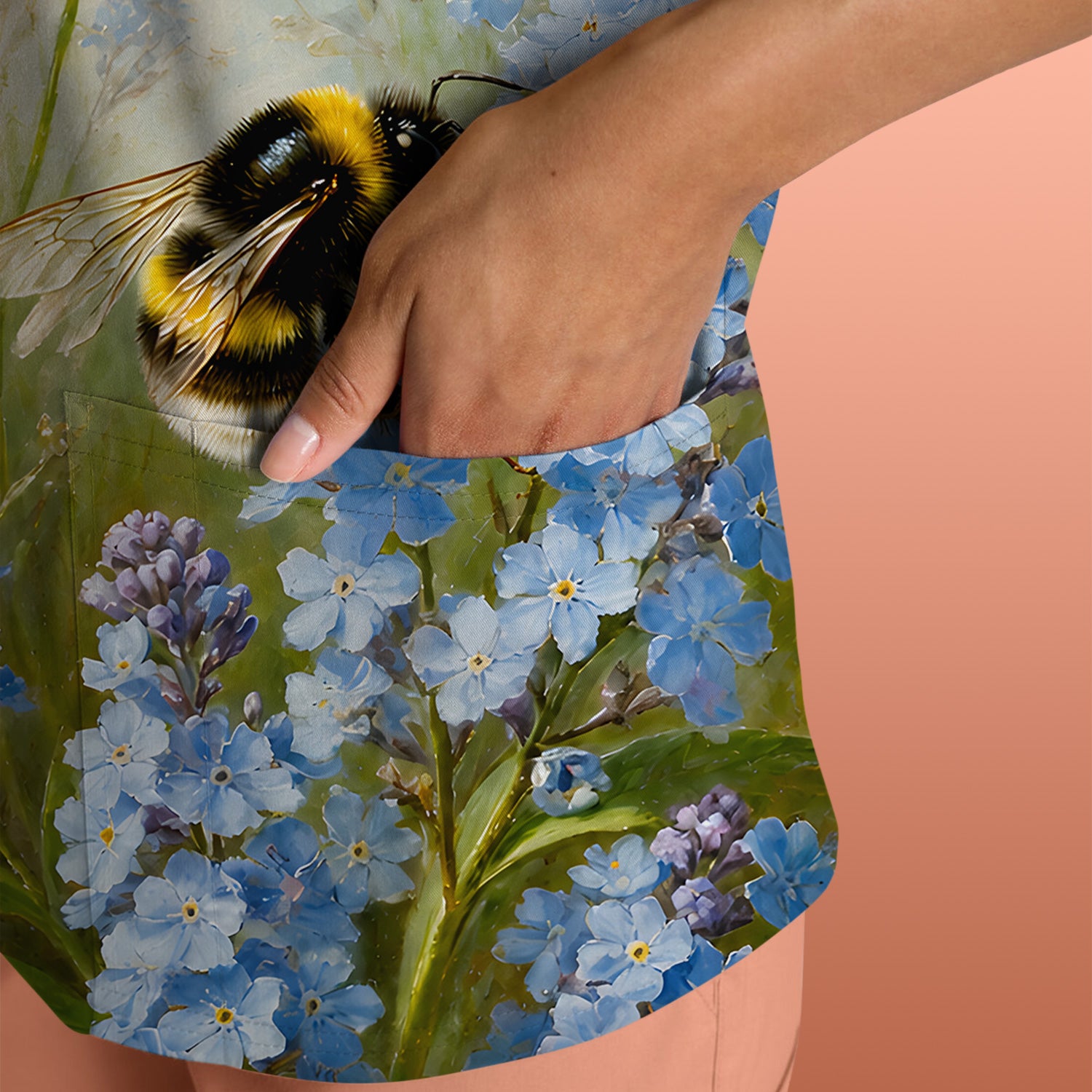 Whimsical Bumblebee Blue Blossom Pattern Scrub Top, Comfortable Scrubs for Nurses