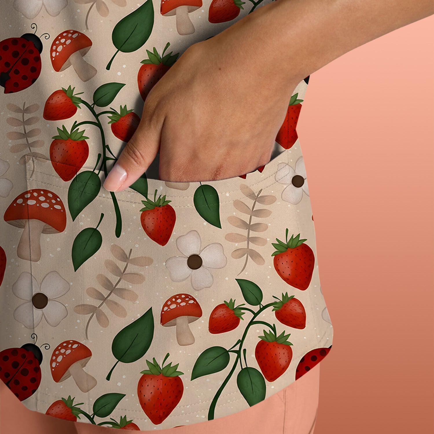 Strawberry Ladybug Mushroom Floral Scrub Top, Breathable Fabrics Nursing Uniform