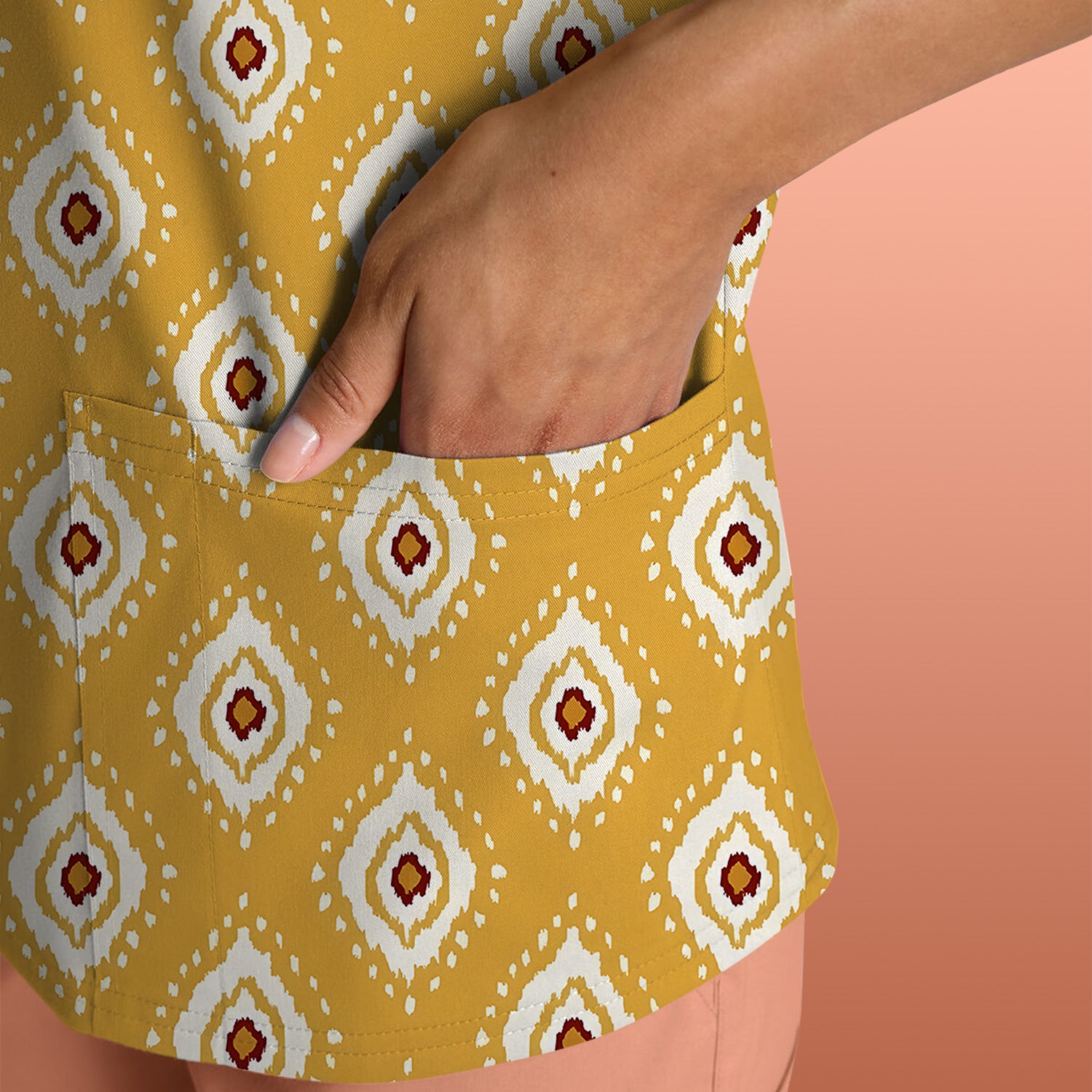 Cute Mustard Geometric Ikat Nurse Pattern Scrub Top, Breathable Fabrics Nursing Uniform