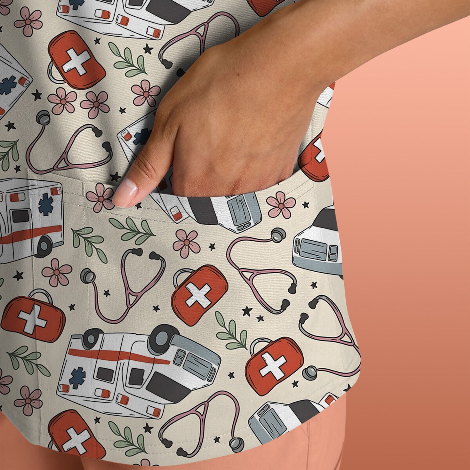 Ambulance Stethoscope First Aid Floral Pattern Scrub Top, Comfortable Scrubs for Nurses