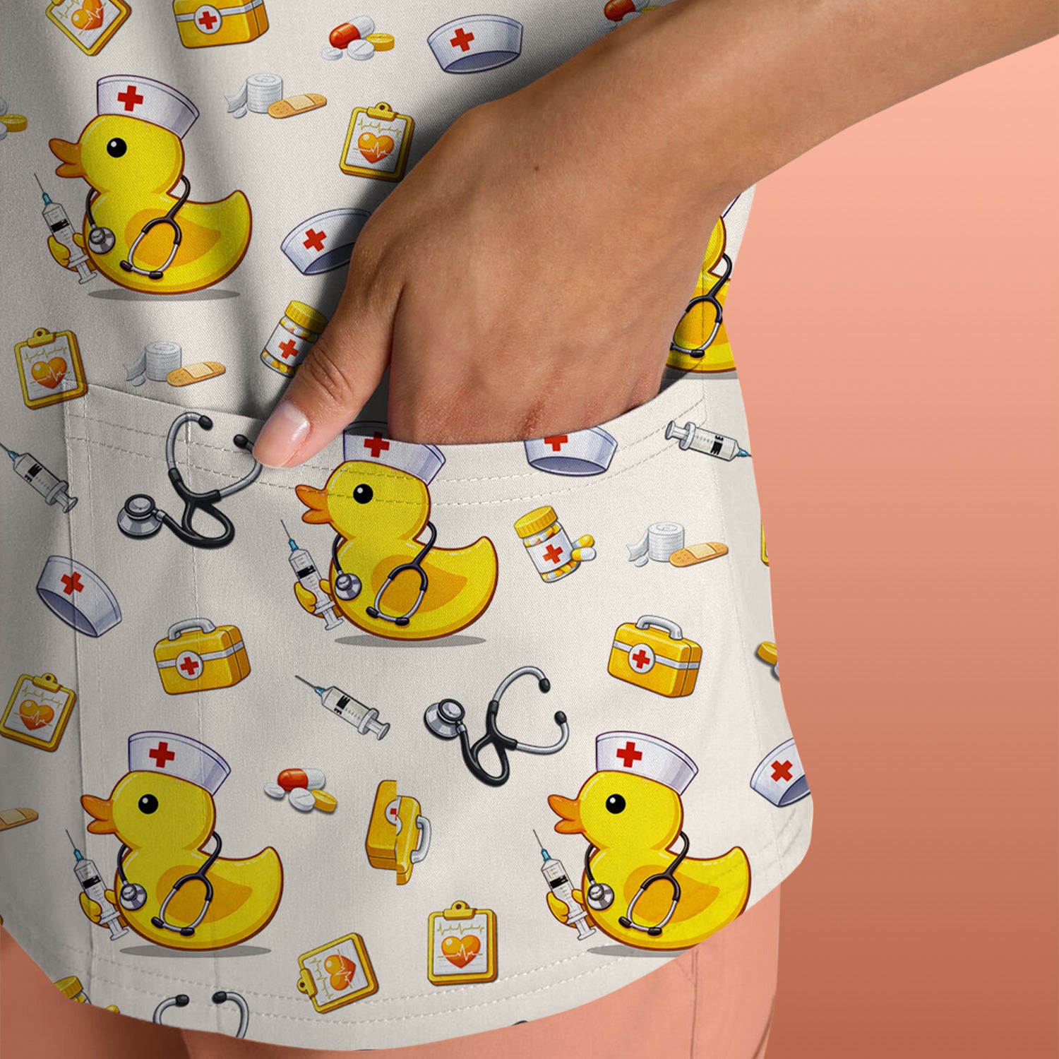 Playful Medical Duck Print Nurse Scrub Top, Comfortable Scrubs for Nurses
