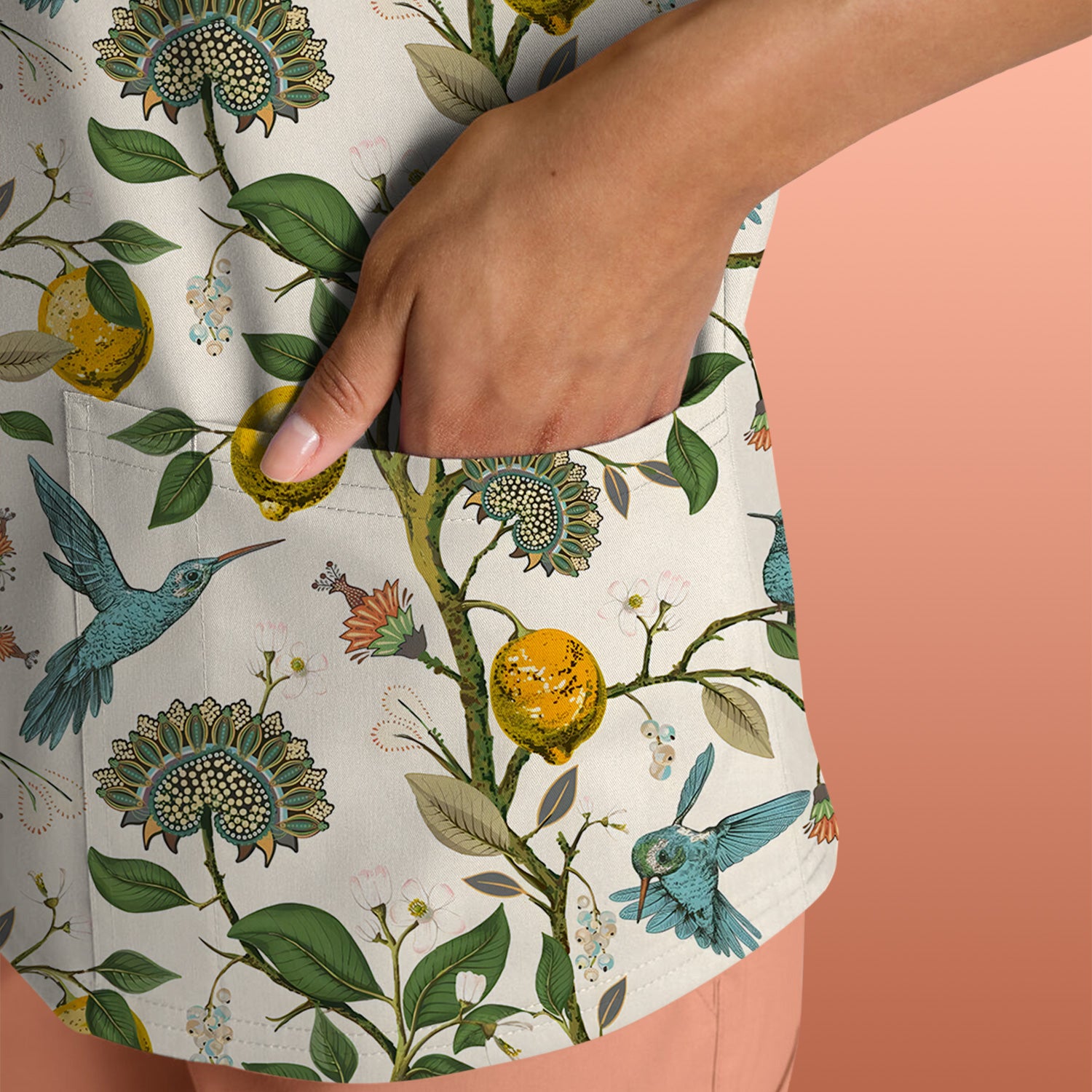 Cute Hummingbird Lemon Floral Pattern Scrub Top, Comfortable Scrubs for Nurses