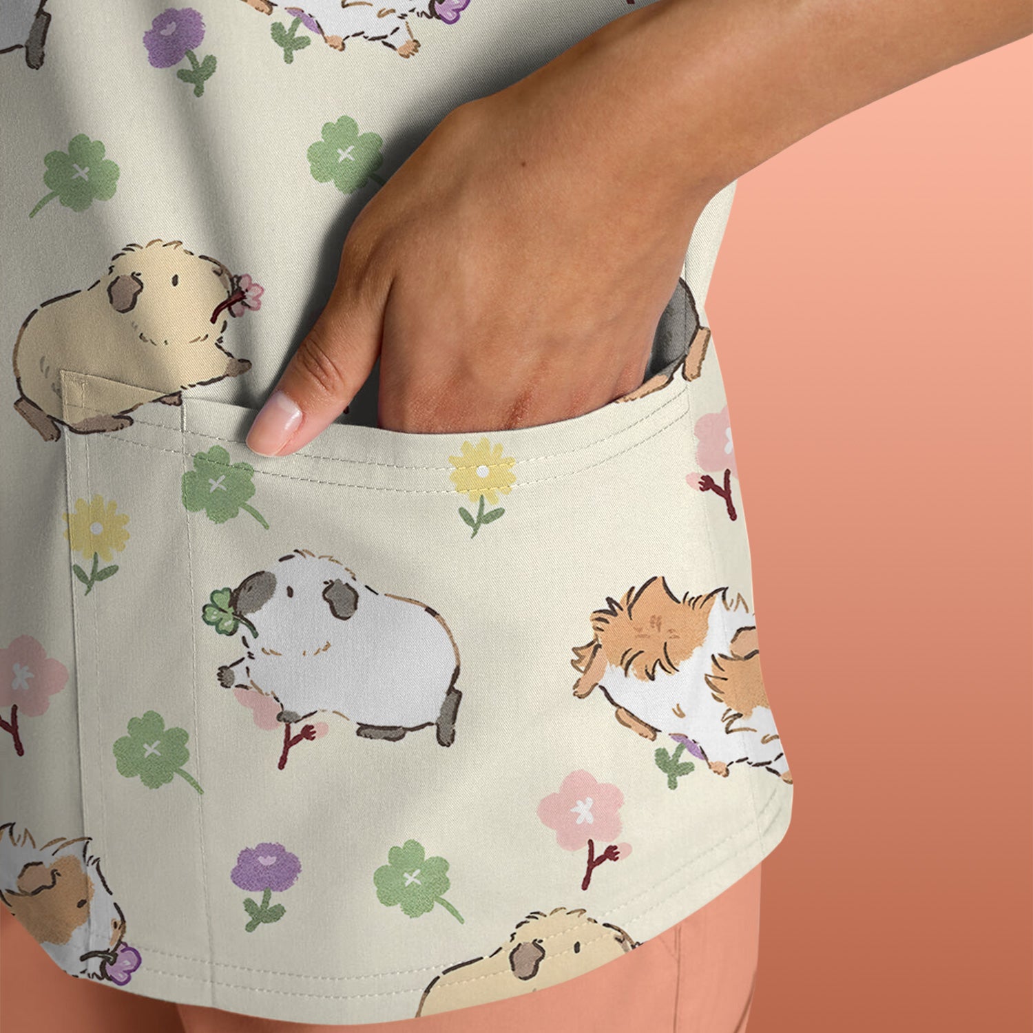 Cozy Guinea Pig Floral Doodle Pattern Scrub Top, Comfortable Scrubs for Nurses