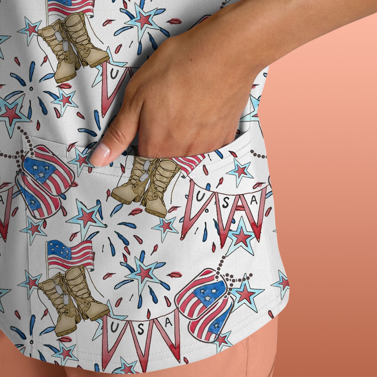 USA Boots Banner Pattern Scrub Top, Comfortable Scrubs for Nurses