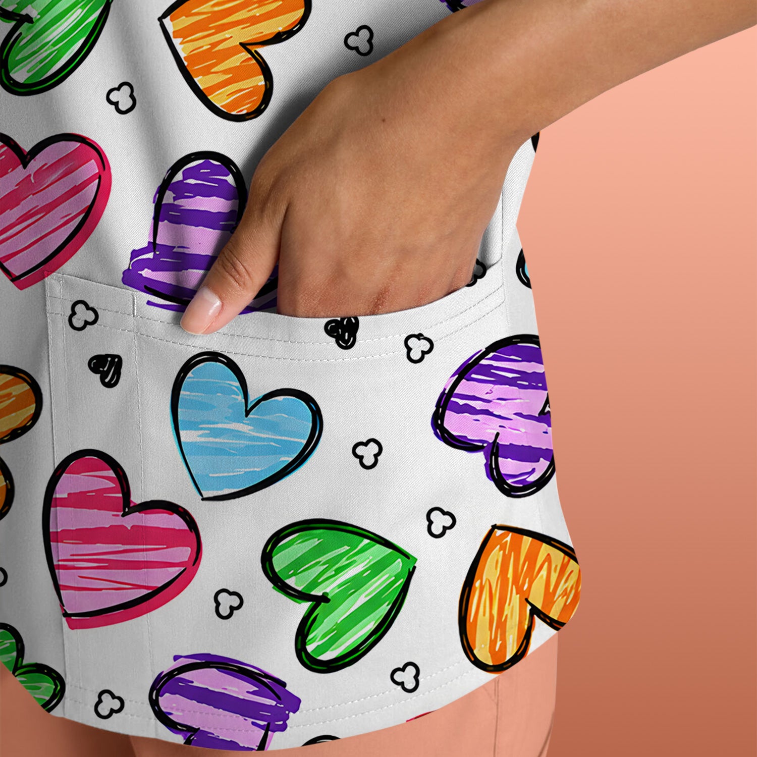 Colorful Doodle Heart Pattern Scrub Top, Comfortable Scrubs for Nurses