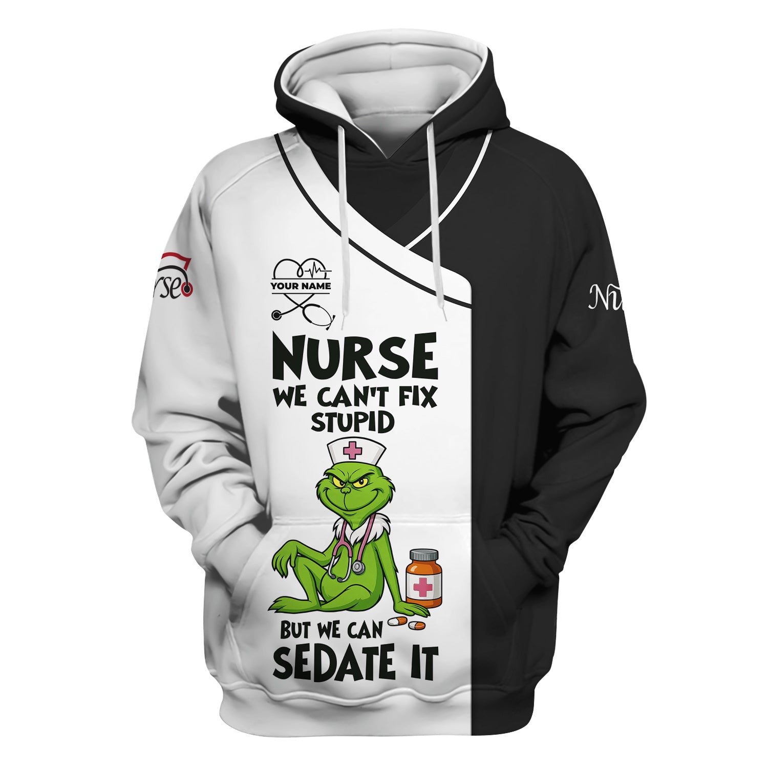 Personalized Funny Nurse Scrub Top - Grinch Nurse Shirt We Can’t Fix Stupid But We Can Sedate It - RN CNA LPN Gift