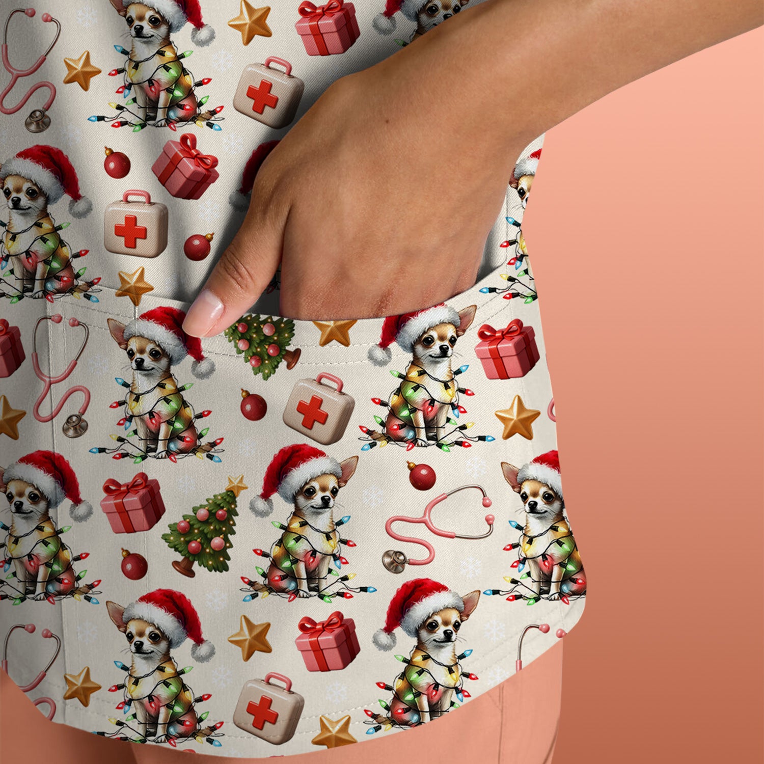Funny Chihuahua Nurse Scrub Set, Christmas Dog Pattern Scrub With Top And Pants, Holiday Scrubs for RN, LPN, CNA, Vet Tech Gift