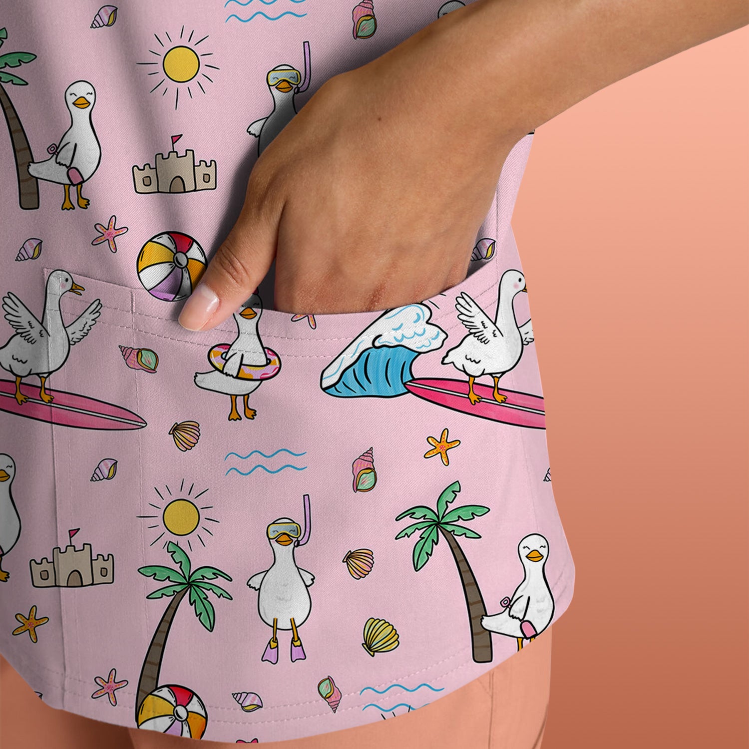 Cute Nurse Seagull Surfboard Beach Palm Tree Pattern Scrub Top, Comfortable Scrubs for Nurses
