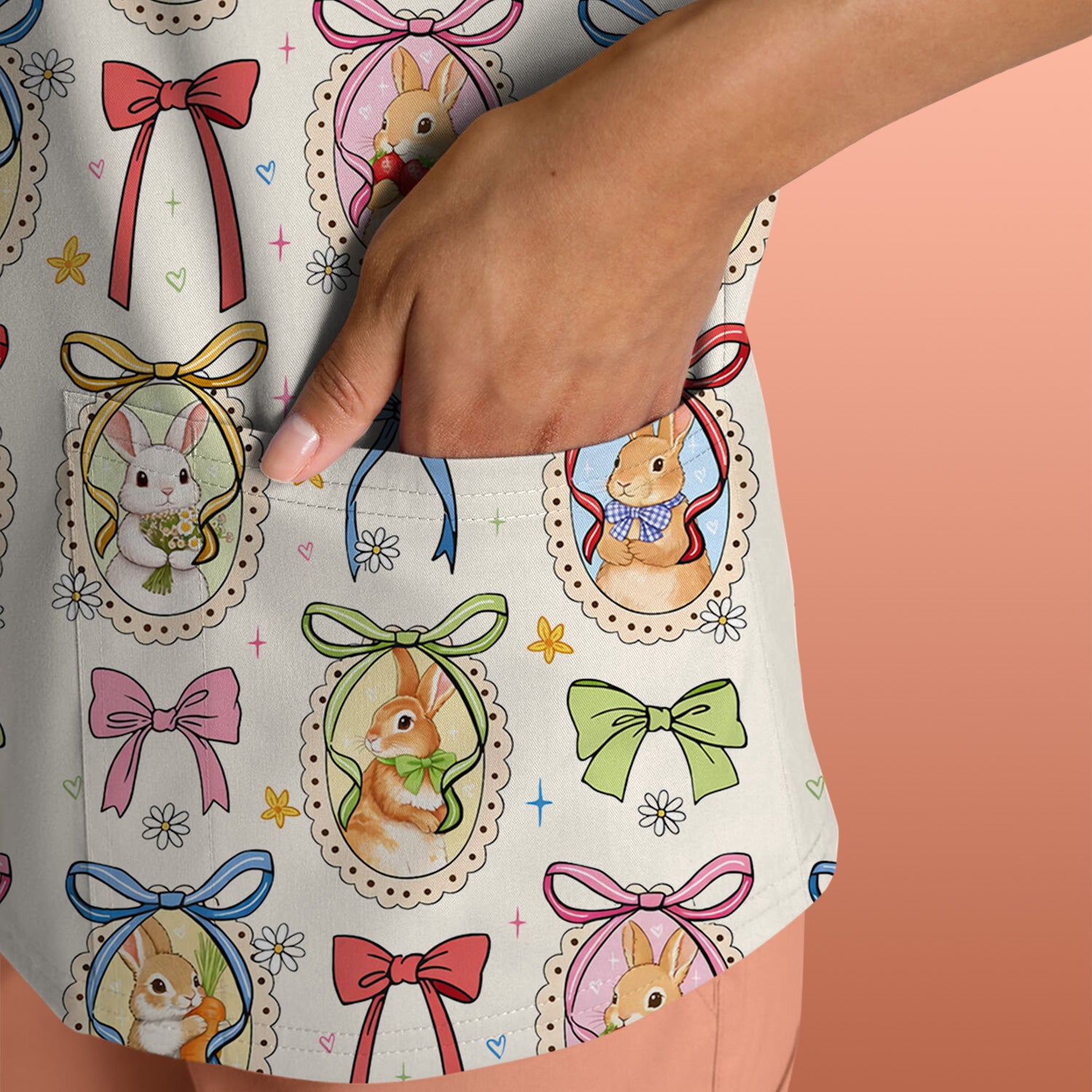Cute Easter Bunny Cameo Colorful Bow Pattern Scrub Top, Breathable Fabrics Nursing Uniform