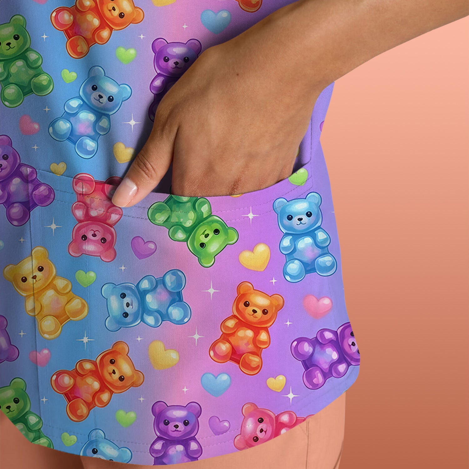Colorful Gummy Bear Pattern Scrub Top, Breathable Fabrics Nursing Uniform