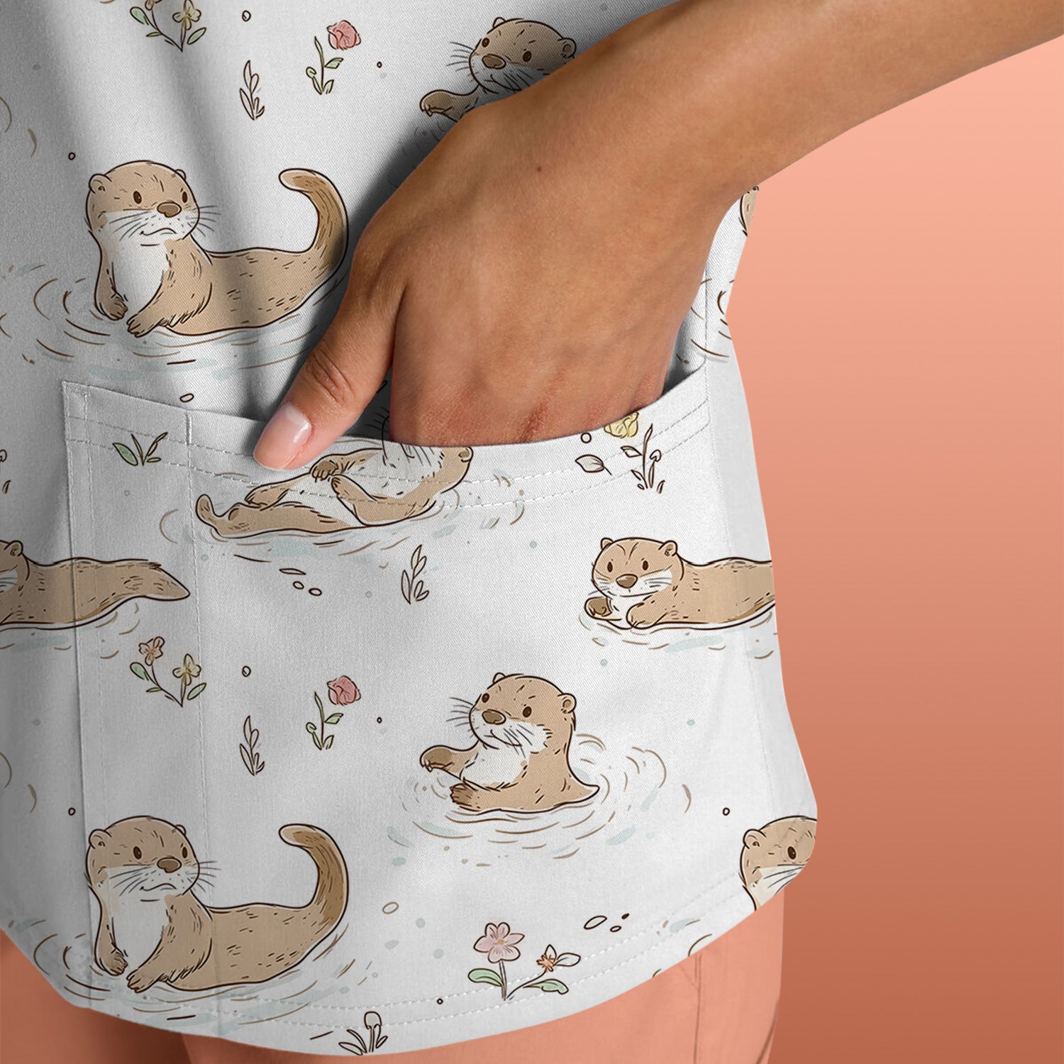 Otter Swimming Floating Water Pattern Scrub Top, Breathable Fabrics Nursing Uniform