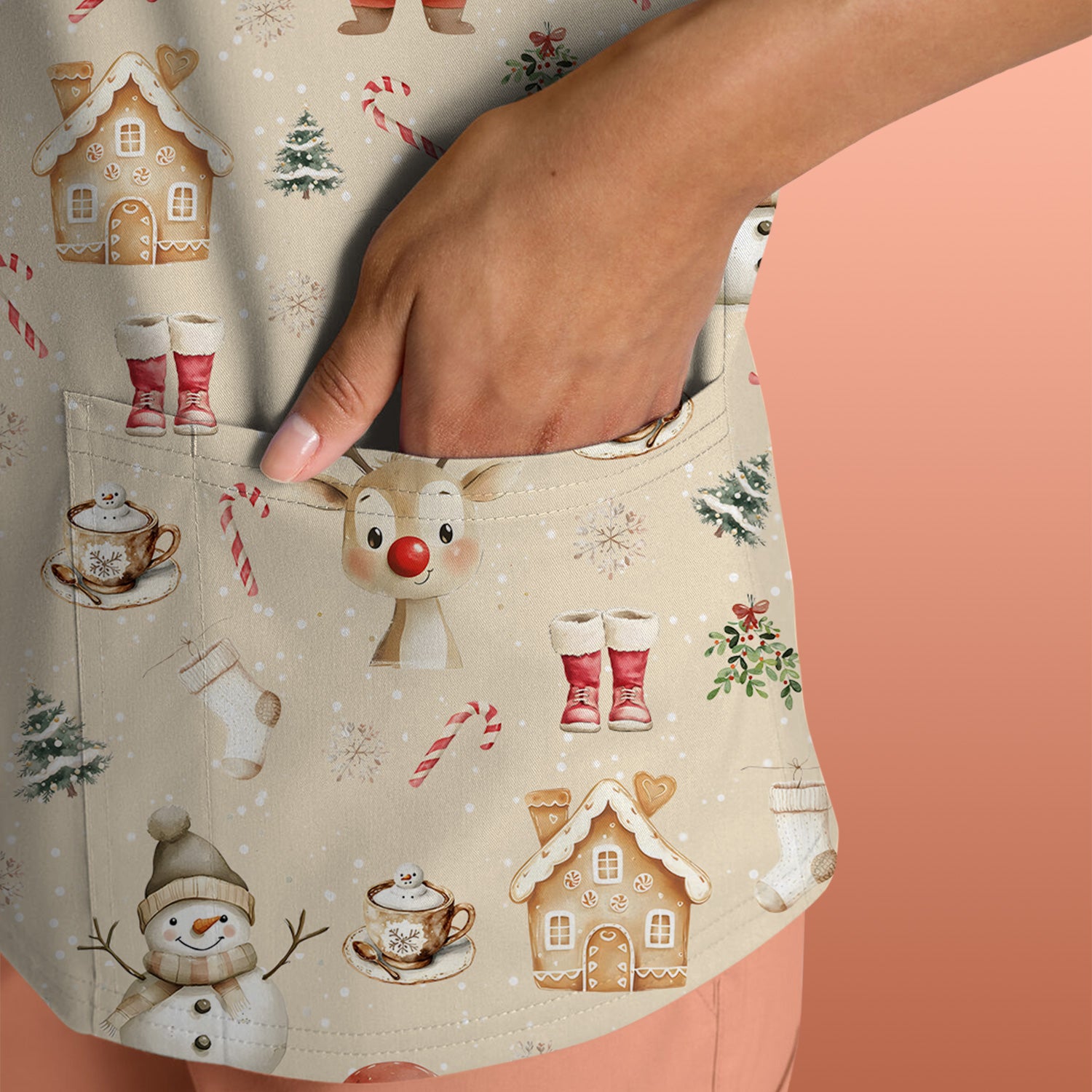 Christmas Santa Pattern  Scrub Top – Cute Medical Uniform for Nurses - Breathable Fabrics Nursing Uniform