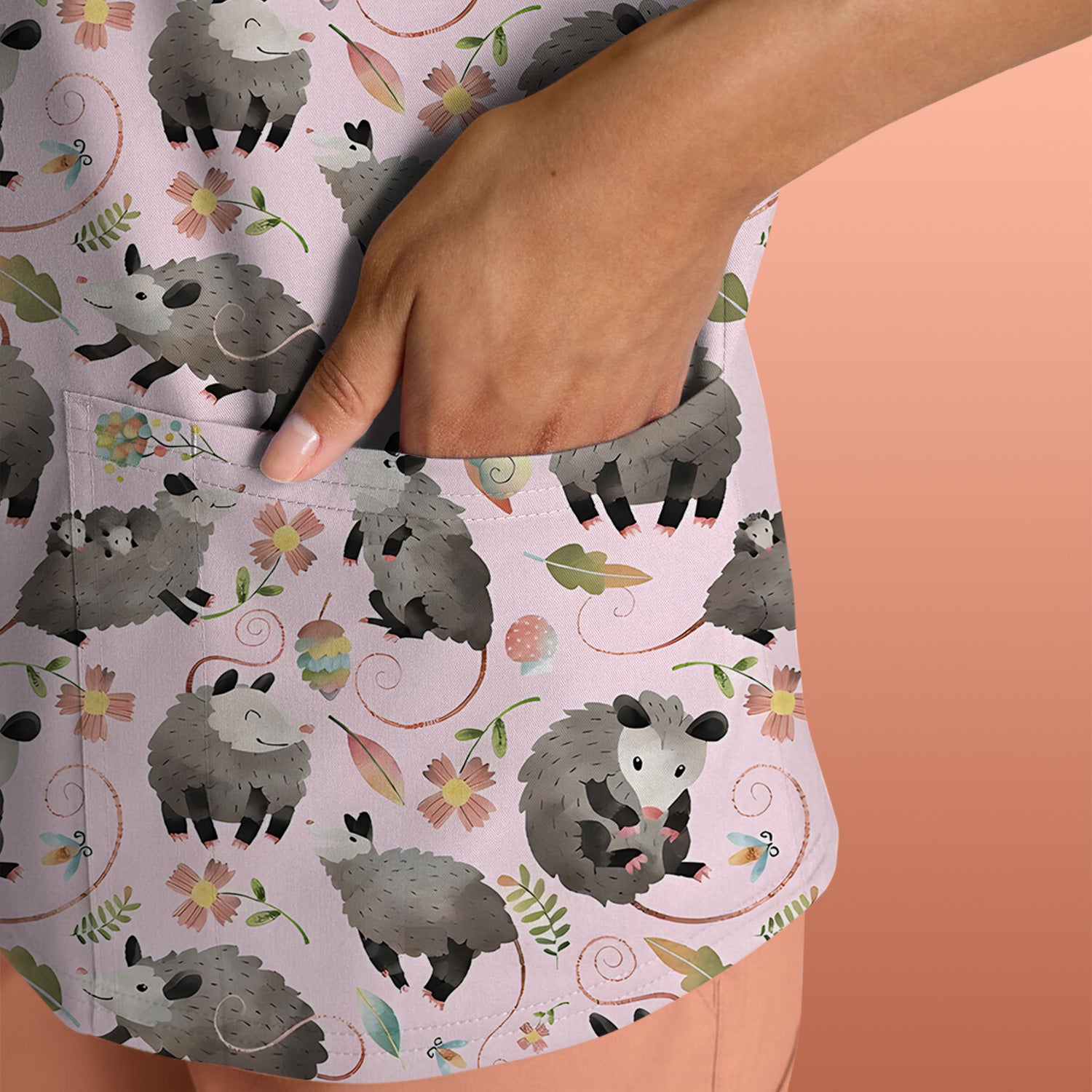 Cute Opossum Playing Flower Garden Pattern Scrub Top, Comfortable Scrubs for Nurses
