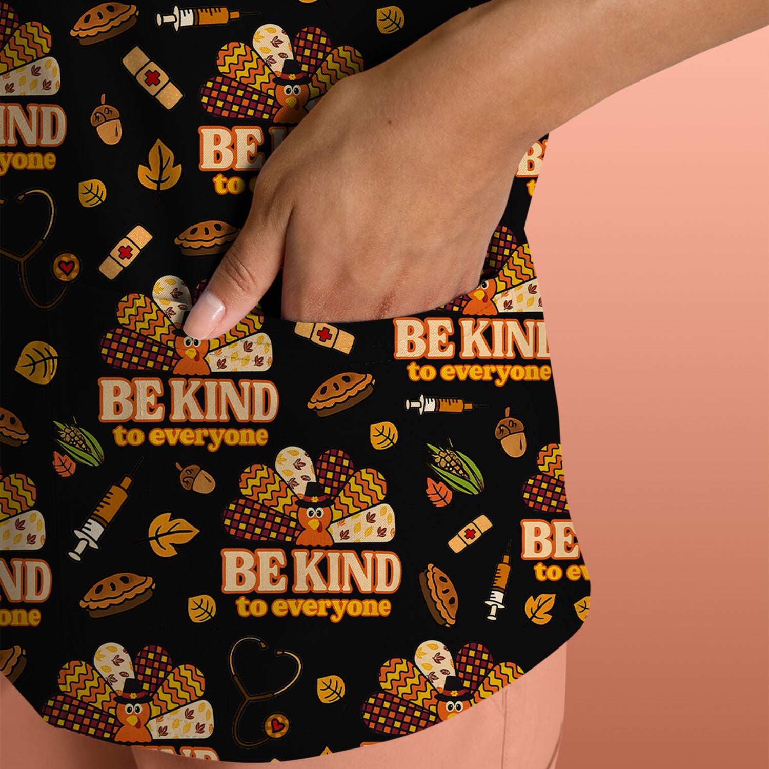 Thanksgiving Be Kind Scrub Set – Fall Nurse Shirt with Heart and Leaf Pattern – Cute Autumn Medical Uniform for Healthcare Staff