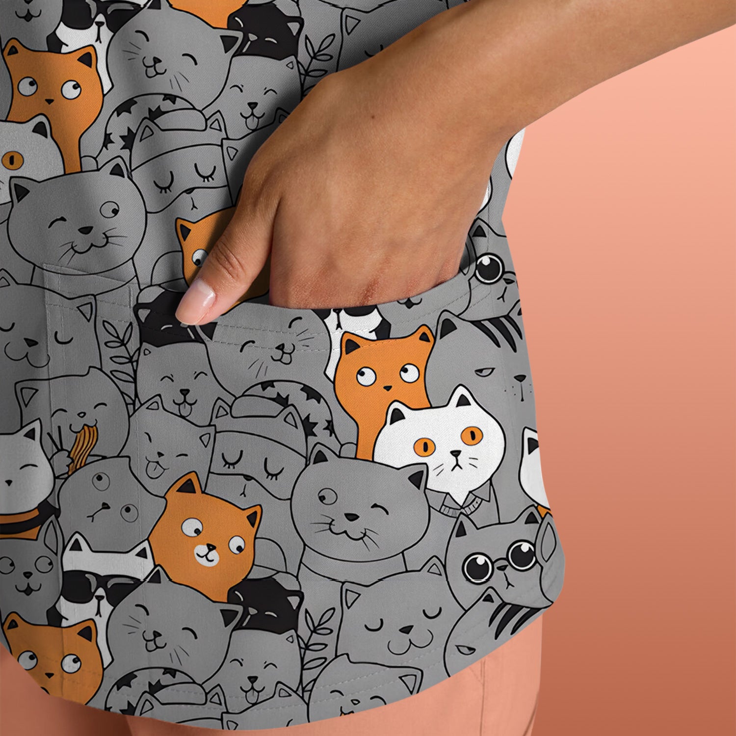 Funny Cats Cute Expressions Pattern Scrubs Top, Comfortable Scrubs for Nurses
